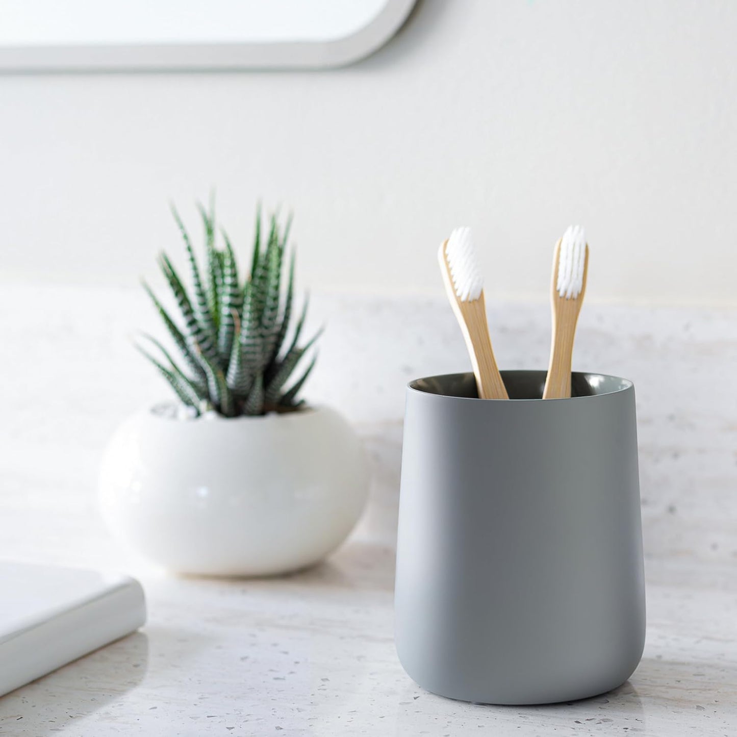 Matte Gray Toothbrush and Toothpaste Holder and Cup for Bathroom Vanity and Countertop, Round Organizer for Electric Toothbrushes, Floss, Razors, Cotton, and Mouthwash