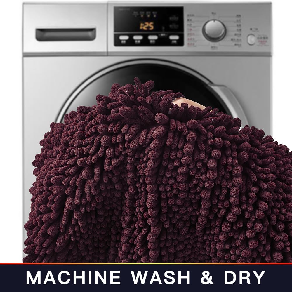 Walensee Bathroom Rug Non Slip Bath Mat (24x17 Inch Burgundy) Water Absorbent Super Soft Shaggy Chenille Machine Washable Dry Extra Thick Perfect Absorbant Best Small Plush Carpet for Shower Floor