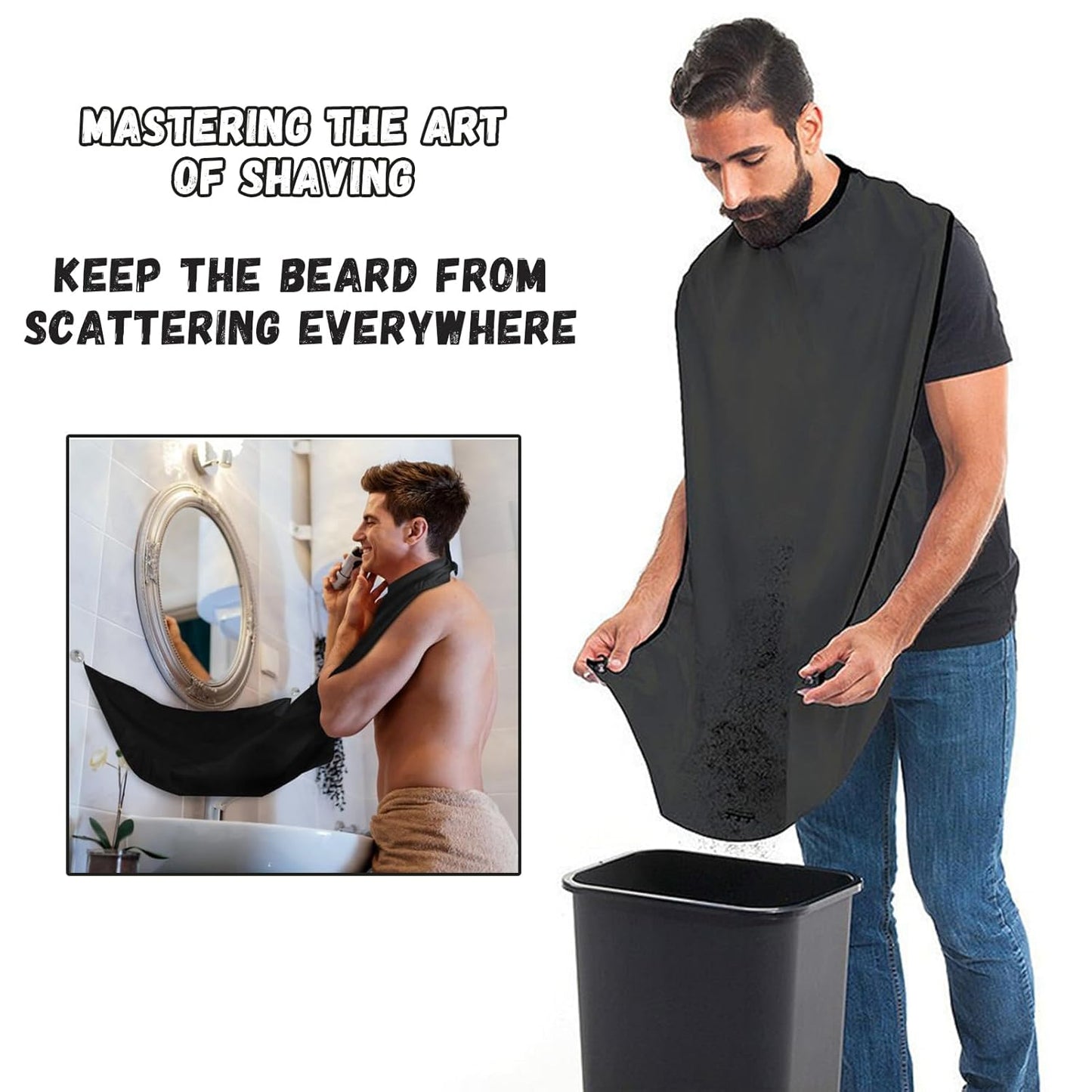 2-piece set Men's Beard Shaping Tool+Beard Bib,Non-Stick Material Beard Apron,for Styling and Trimming Black