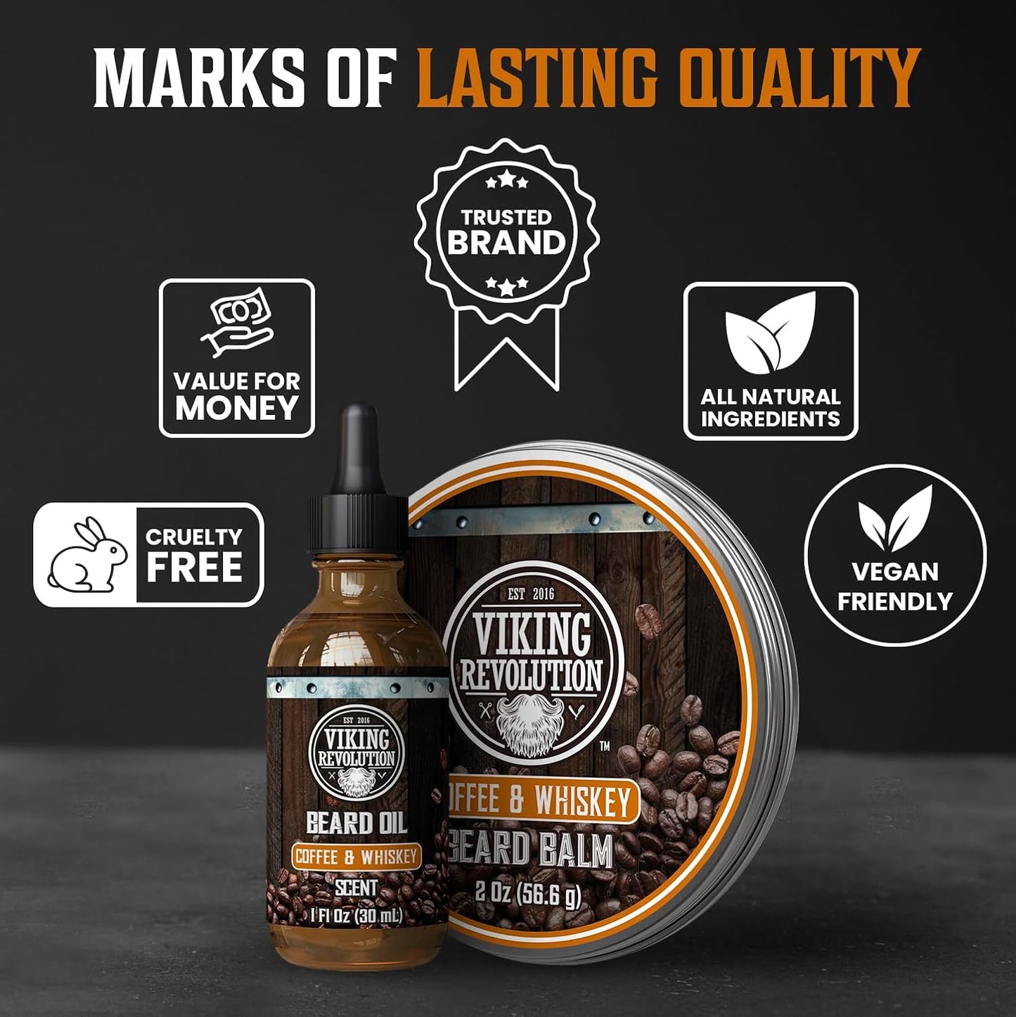 Viking Revolution Coffee and Whiskey Beard Balm for Men (2oz) and Beard Oil (1 fl oz) Kit - With Argan and Jojoba Oils - Soften and Moisturize - Stocking Stuffers for Men