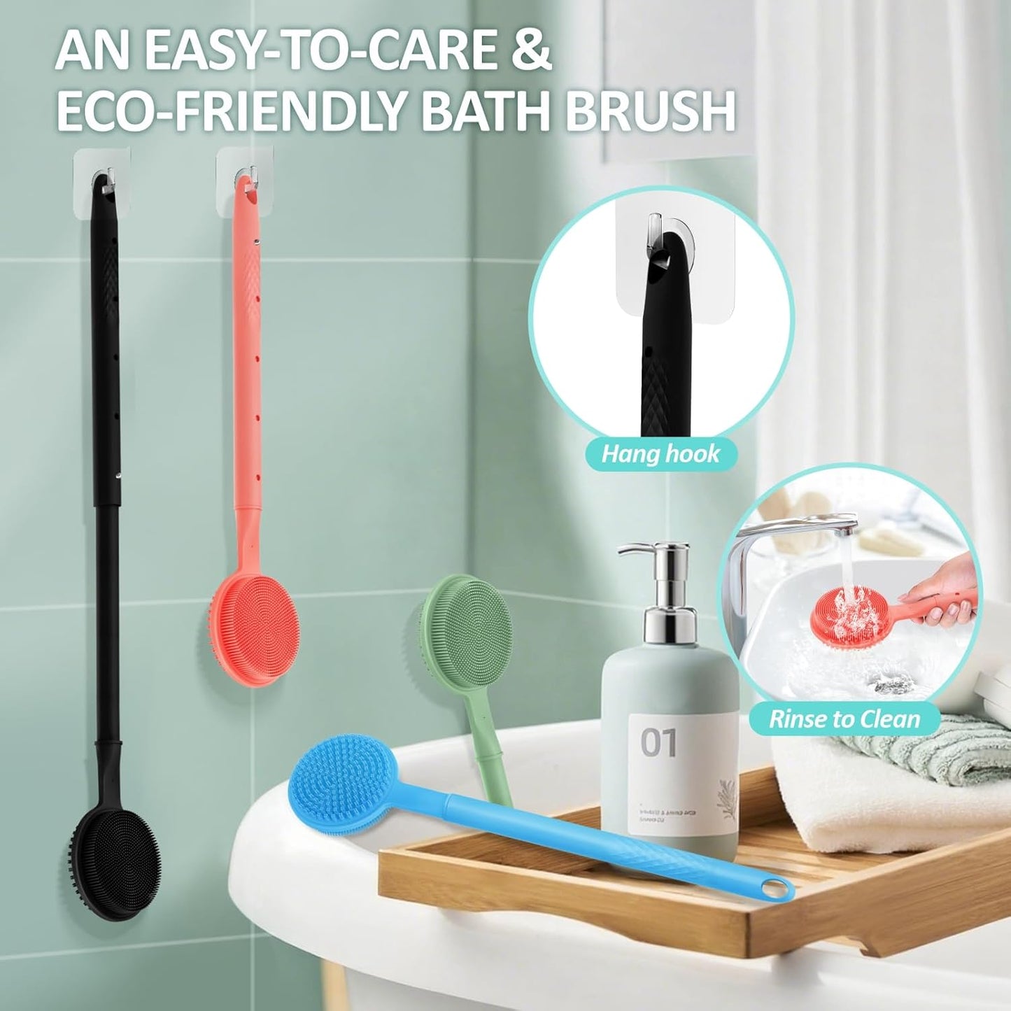 Adjustable Silicone Back Scrubber for Shower, 16''-24'' Extendable Shower Back Scrubber for Rich Foam, 5-Length Back Brush Bath Brush with Dual-Side Head and Super-Lathering Bristles(Black)