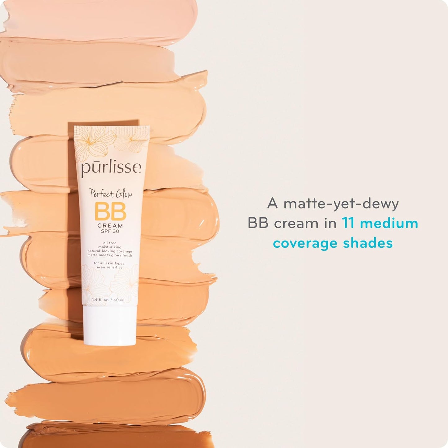 pūrlisse Perfect Glow BB Cream with SPF 30 - Matte Meets Dewy Finish - Enriched with Goji & Hawthorn Berry to Help Improve Skin Texture & Radiance - Medium Tan (1.4 oz)