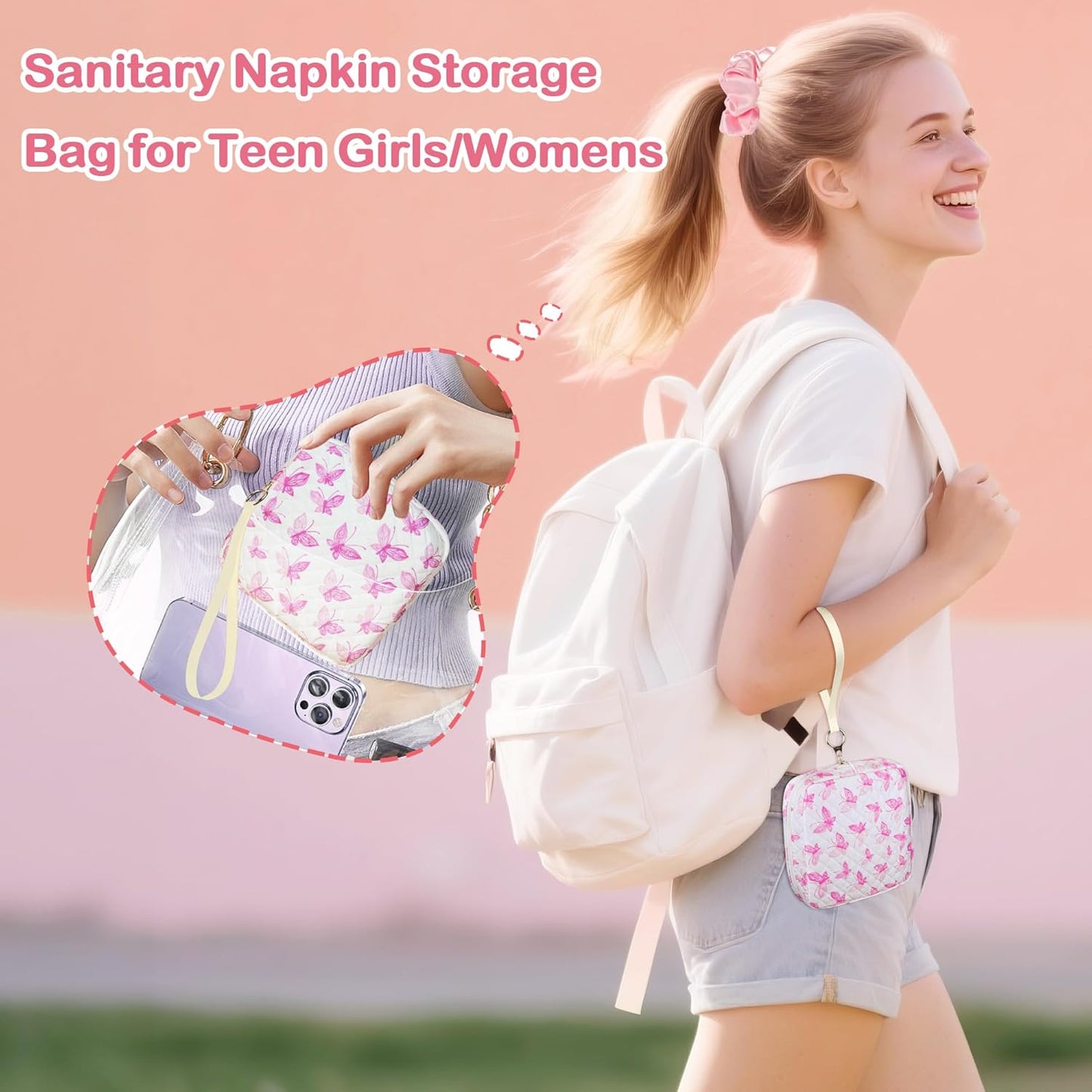 Tampon Holder for Purse, Quilted Period Bag Sanitary Napkin Storage Bag for Girls Womens, Portable Feminine Emergency Pad Period Pouch(Pink Cat)