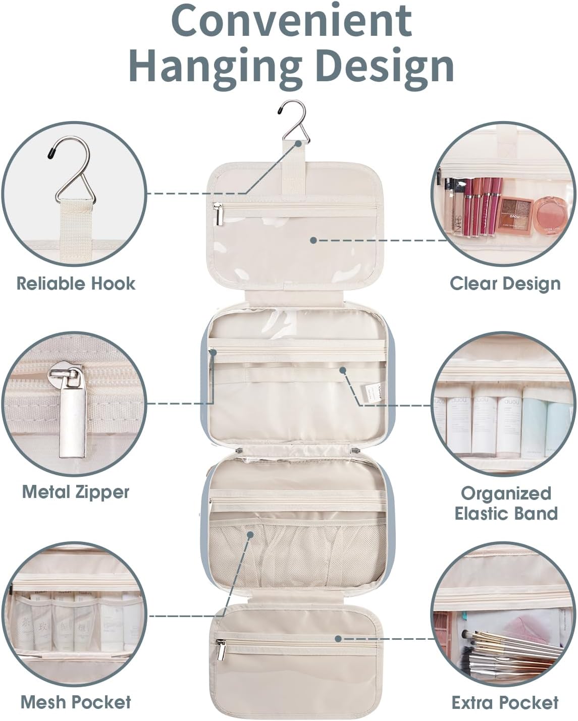 Travel Toiletry Bag for Women Large Hanging Makeup Bag Organizer Toiletries Bag for Full Size Essentials Accessories Cosmetics (Greyish Blue (Large))