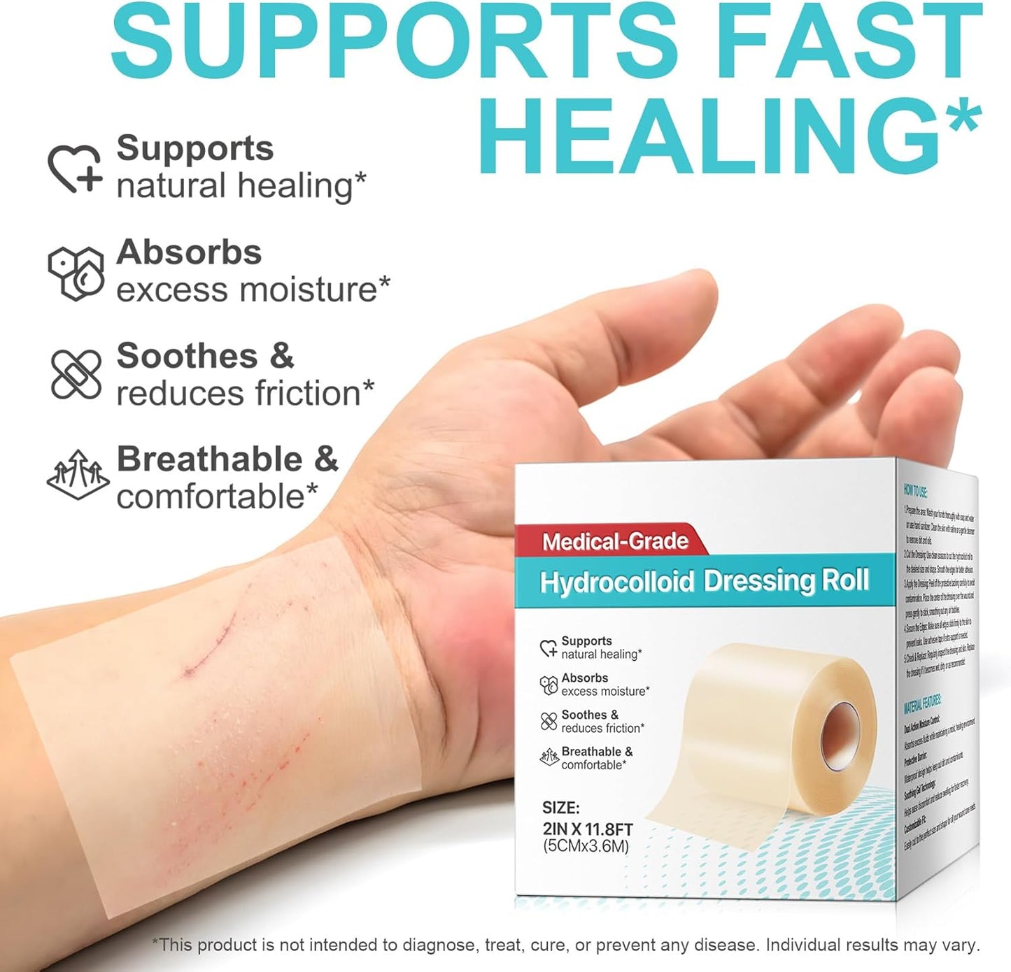 Hydrocolloid Roll 2 inch x 11.8 ft, Hydrocolloid Bandages for Wound Care, Flexible & Waterproof Self-Adhesive Hydrocolloid Patches Bandages, Cut-to-Size