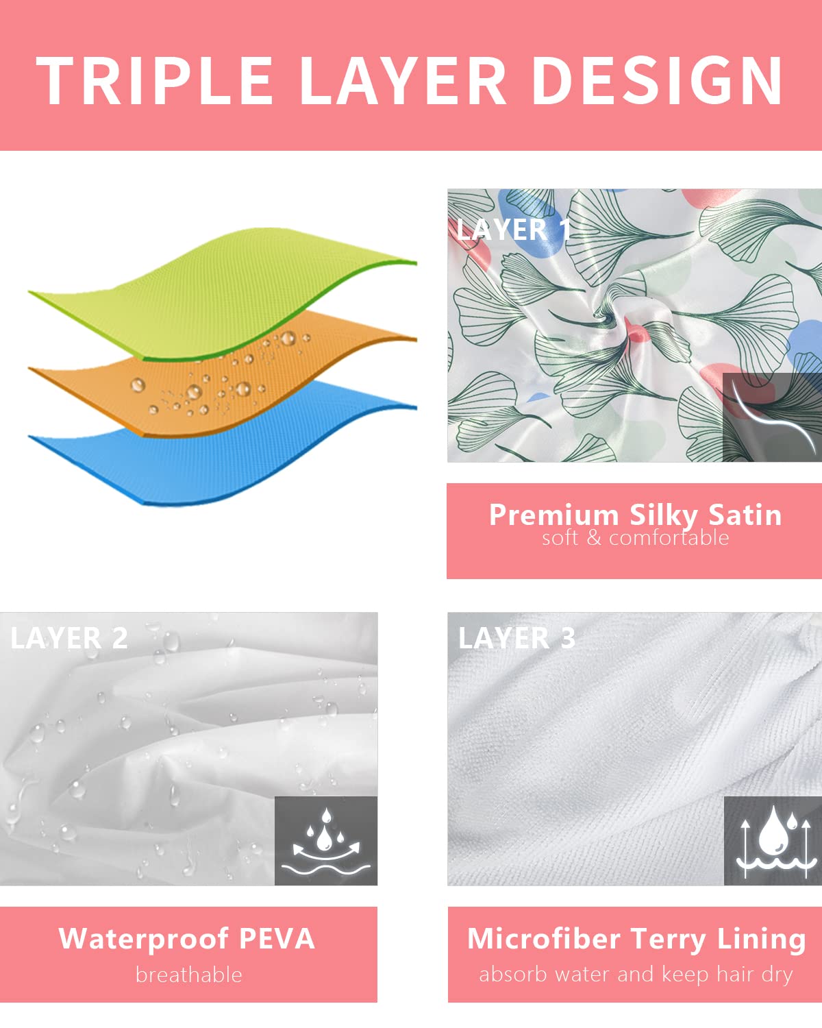 Shower Cap, Terry lined Reusable shower caps, Large Shower Cap for Women, Waterproof Hair cap Triple Layer Shower Caps for Long Thick Hair