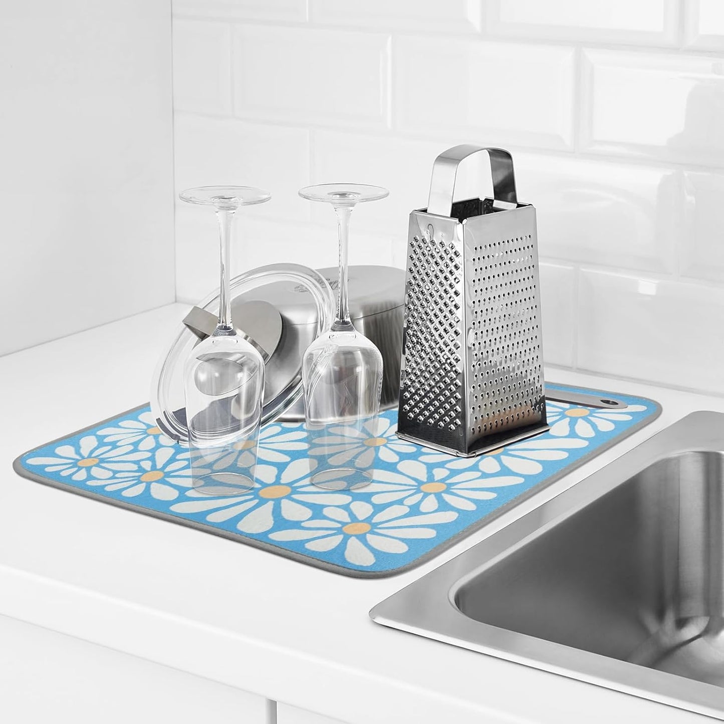 SHIYUE Dish Drying Mat for Kitchen Counter Super Absorbent Spring Kitchen Decor Microfiber Drying Matainers Rack Fast Pad Dish Drainer Mats(Sky Blue Flower,16''x18'')