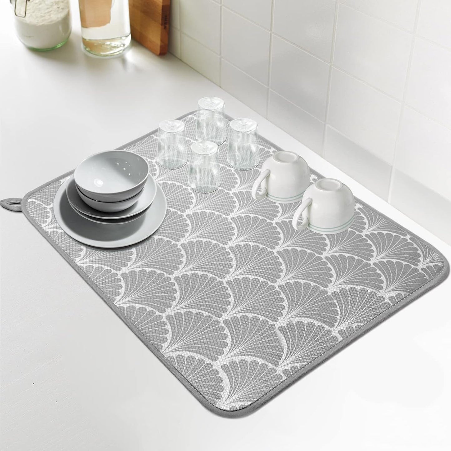 SHIYUE Dish Drying Mat for Kitchen Counter Super Absorbent Spring Kitchen Decor Microfiber Drying Matainers Rack Fast Pad Dish Drainer Mats(Grey Shell Geometric,18''x24'')