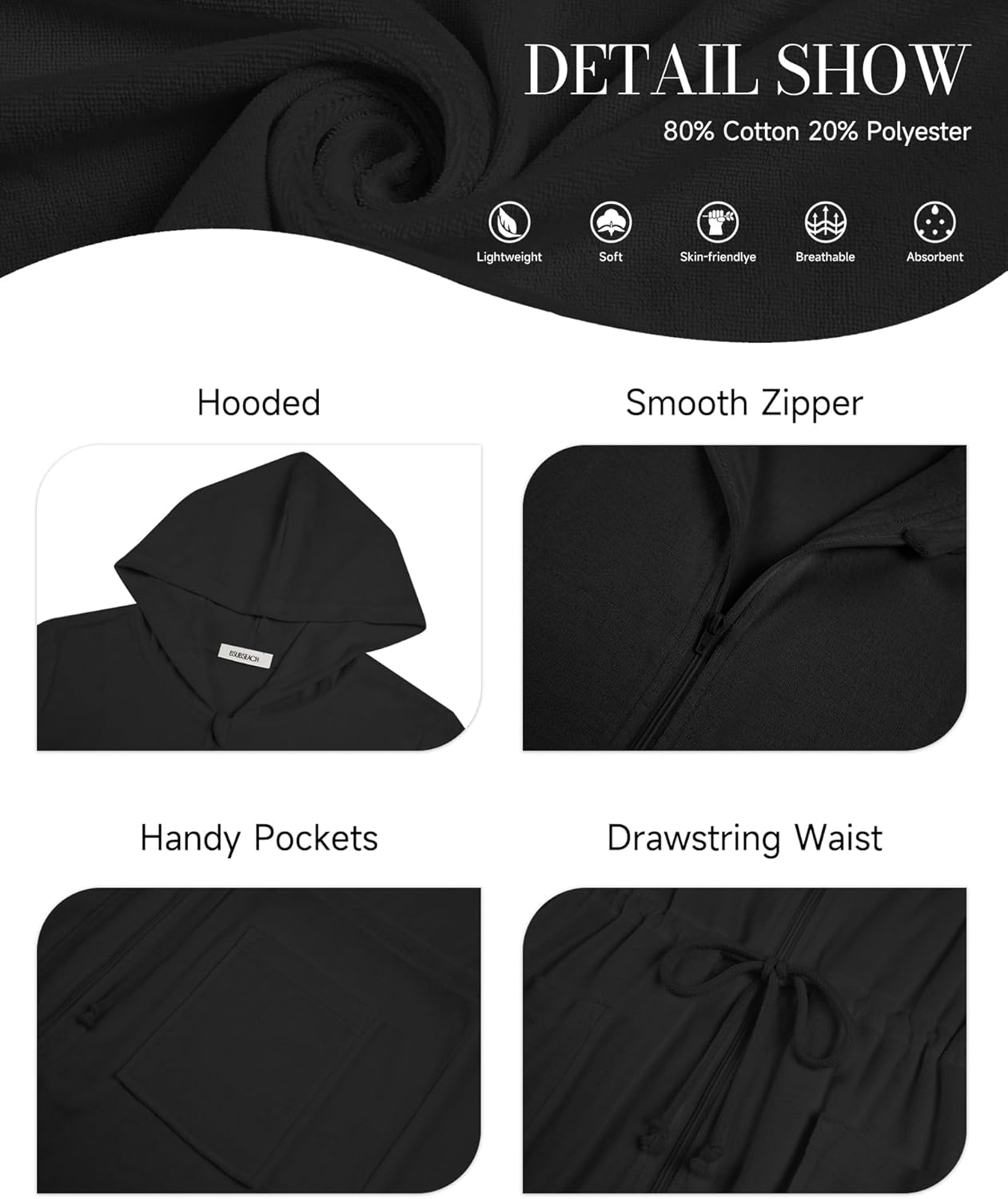 Bsubseach Terry Cloth Cover Up - Women Zip Up Long Sleeve Swimsuit Coverup Hooded Bath Robes with Pockets
