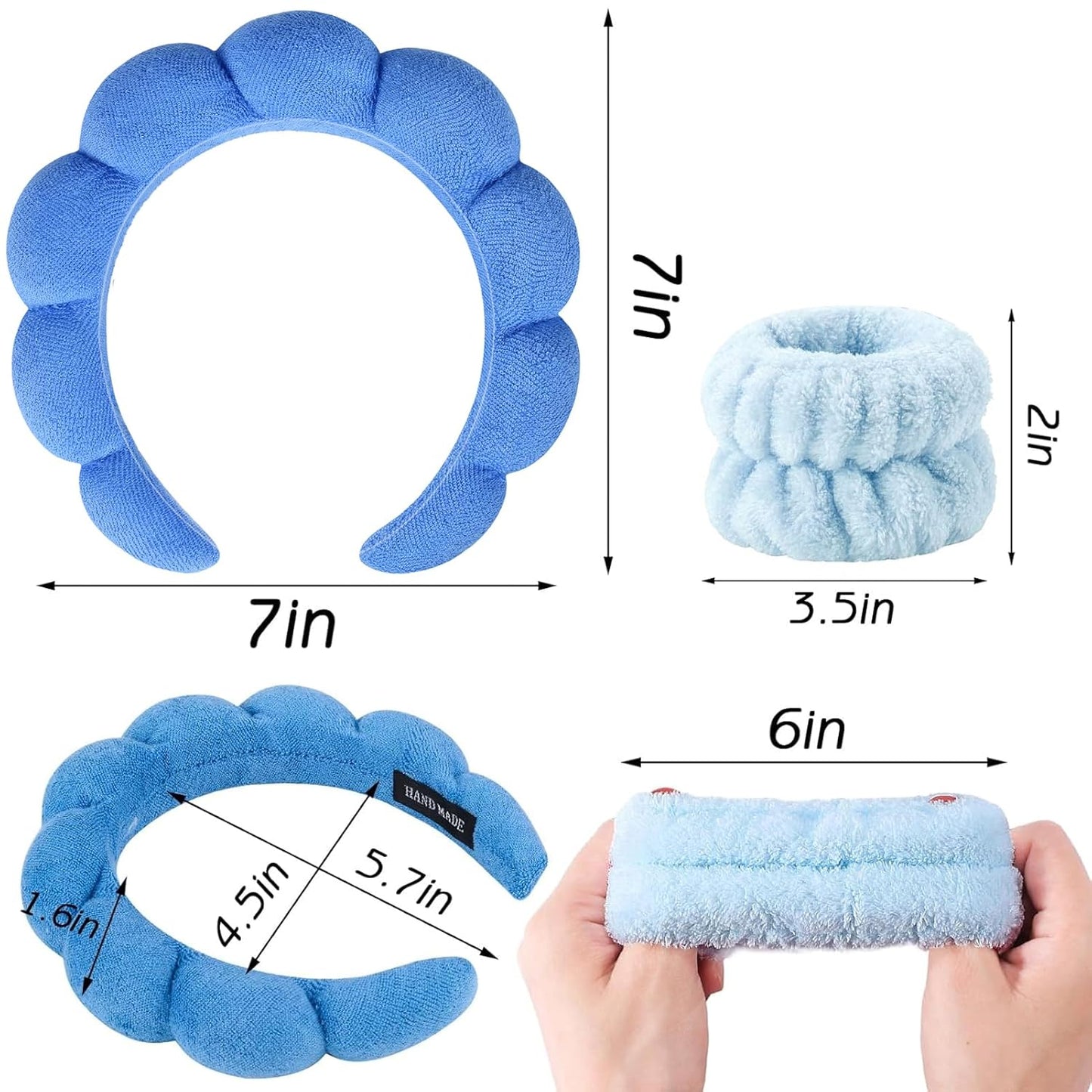 Zkptops Spa Headband for Washing Face Wristband Set Sponge Makeup Skincare Terry Cloth Bubble Soft Get Ready Hairband for Women Girl Puffy Padded Headwear Non Slip Thick Hair Accessory(Dark Blue)