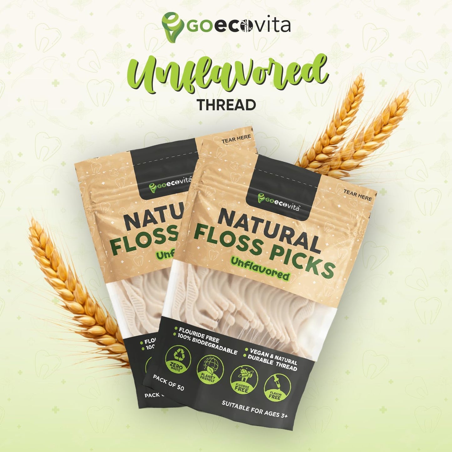 Biodegradable Floss Picks (Unflavored) - Natural Straw Wheat Handle | Thin & Durable Thread for Tight Gaps! | Dental Flossers for Adults | Gentle on Gums & Teeth | Eco Friendly, Vegan (200 Pack)