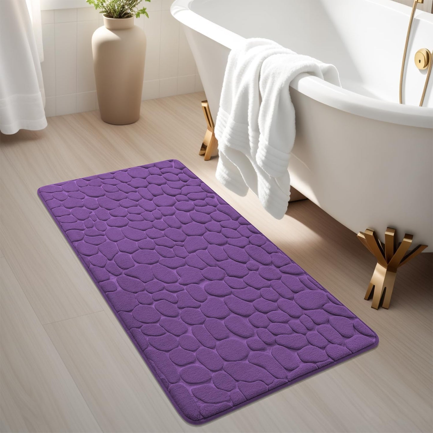 YIHOUSE Memory Foam Runner Rug, Cobblestone Bathroom Runner Rugs Super Water Absorbent Bath Mats for Bathroom Machine Washable Bath Rugs Runner for Hallway Bedroom Laundry Room(24 x 47,Eggplant)