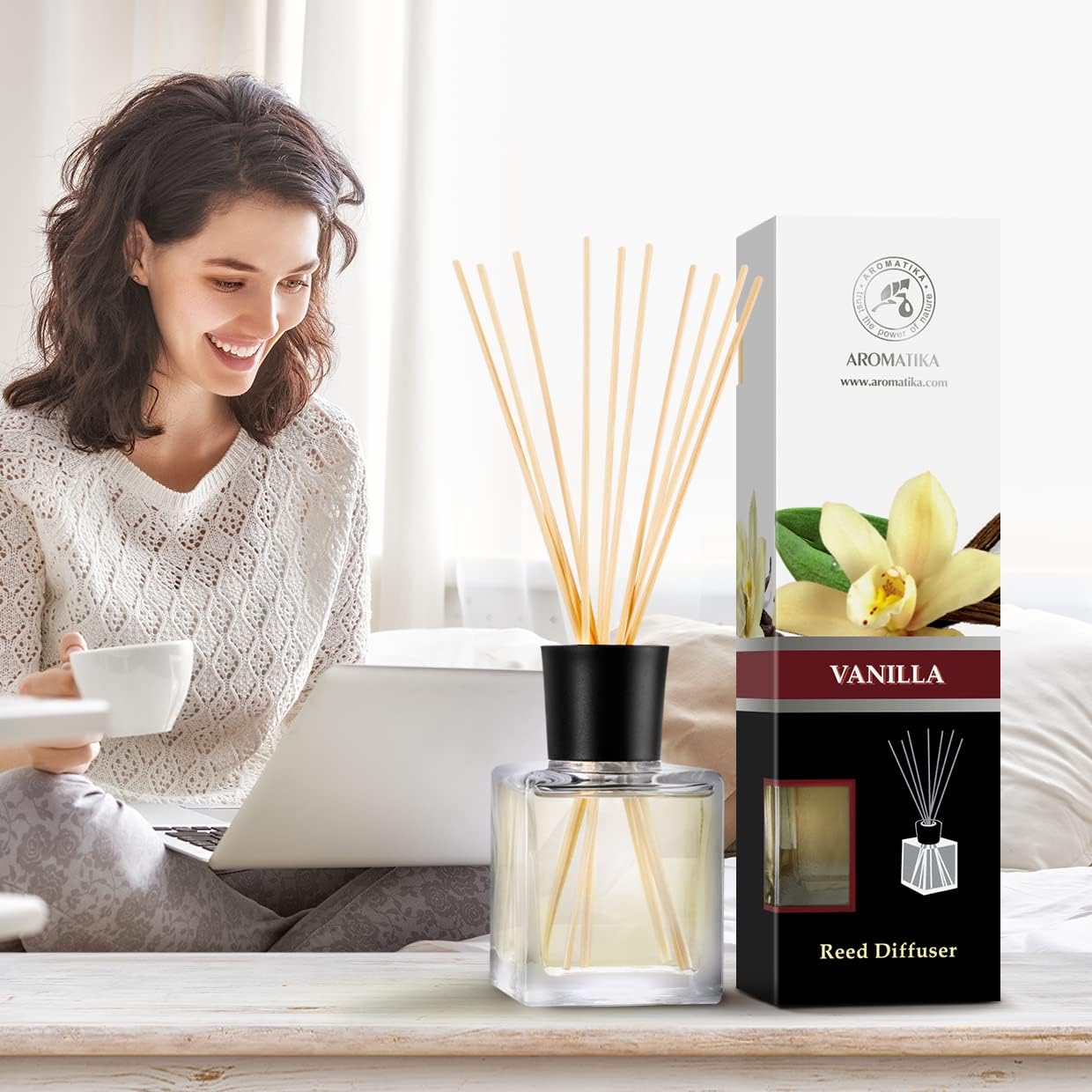 Reed Diffuser with Natural Essential Oil Vanilla 6.8 Fl Oz (200ml) - Scented Reed Diffuser - Gift Set with Bamboo Sticks - Best for Aromatherapy - SPA - Home - Office - Fitness Club