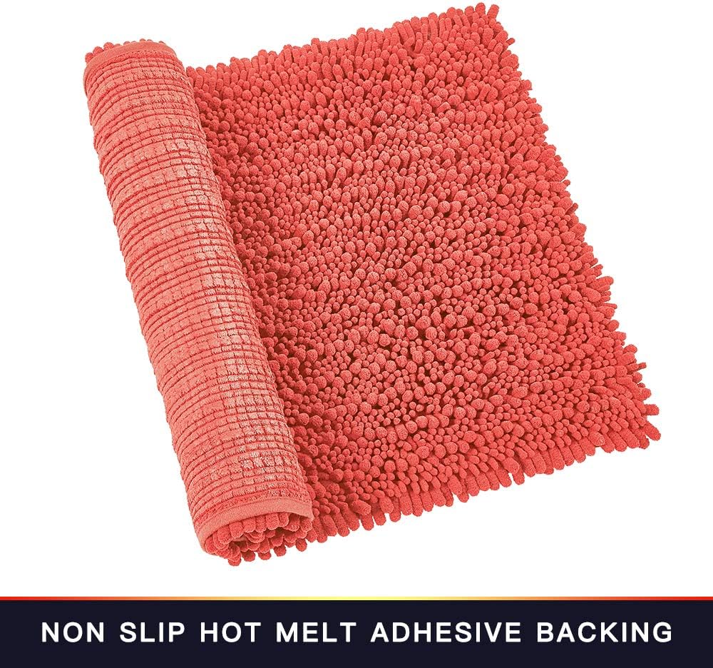 Walensee Bathroom Rug 2 Pieces Set Non Slip Bath Mat (20"x32" Plus 20"x32" Living Coral) Water Absorbent Super Soft Shaggy Chenille Machine Washable Dry Extra Thick Perfect Carpet for Shower Floor