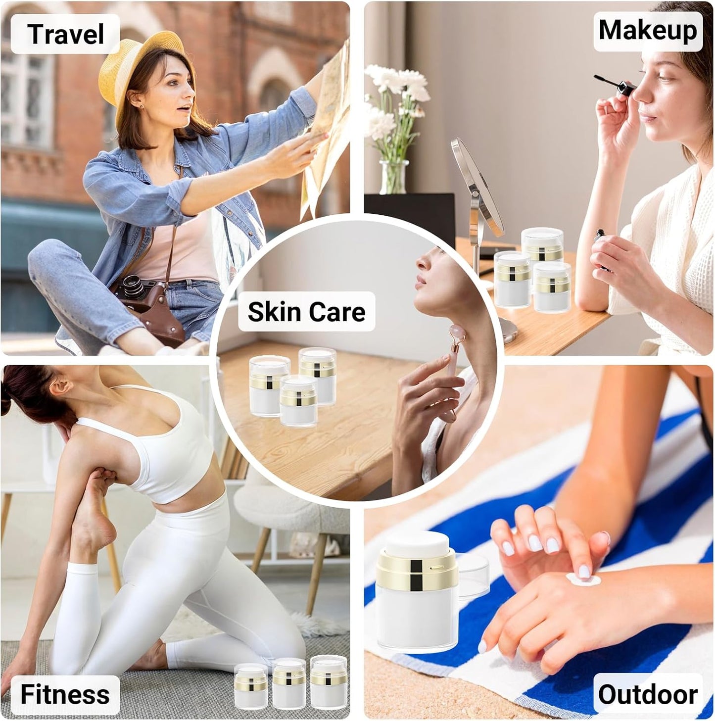 Segbeauty 3Pack Airless Pump Jar Lotion Container, Mixed Pack Empty Cream Subpackage Jar Vacuum Bottle Dispenser, Gold Refillable Cream Vacuum Bottles Travel Size for Lotion Moisturizer Creams