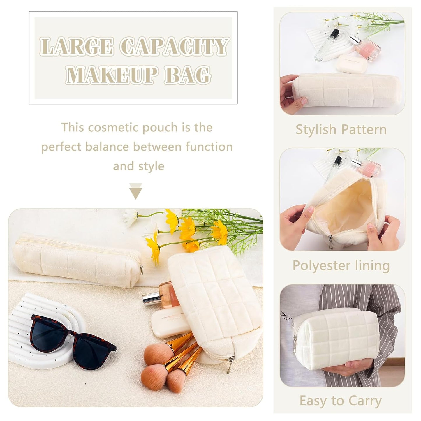 ZLFSRQ 2Pcs Pencil Case Cute Pencil Pouch for Teens Plush Makeup Bag Travel Cosmetic Bag Set White Makeup Pouches Purse Preppy Zippered Toiletry Bags Organizer Trendy Zipper Skincare Storage Organizer