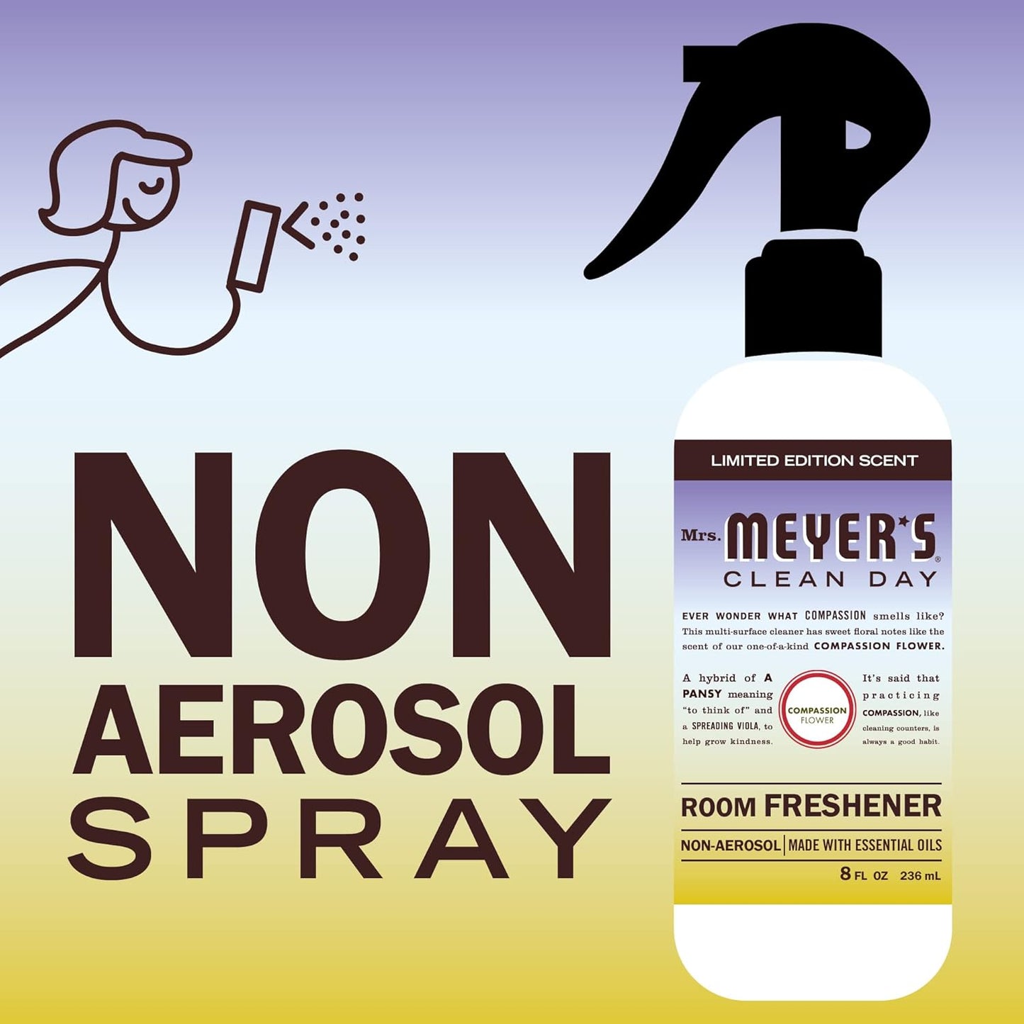 MRS. MEYER'S CLEAN DAY Room and Air Freshener Spray, Non-Aerosol Spray Bottle Infused with Essential Oils, Compassion Flower, 8 fl. oz - Pack of 3