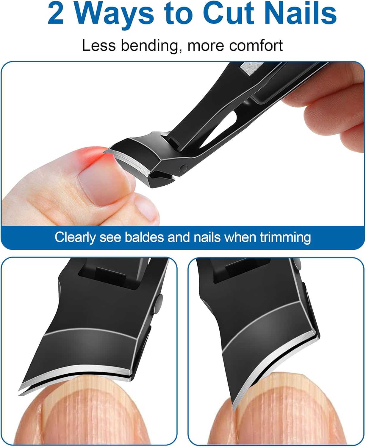 Toenail Clippers for Thick Toenails & Ingrown Nails, Slanted Curved Blade, Wide Mouth, Angled Head Toe Nail Clippers for Seniors with Long Handle & No Splash Catcher - Black