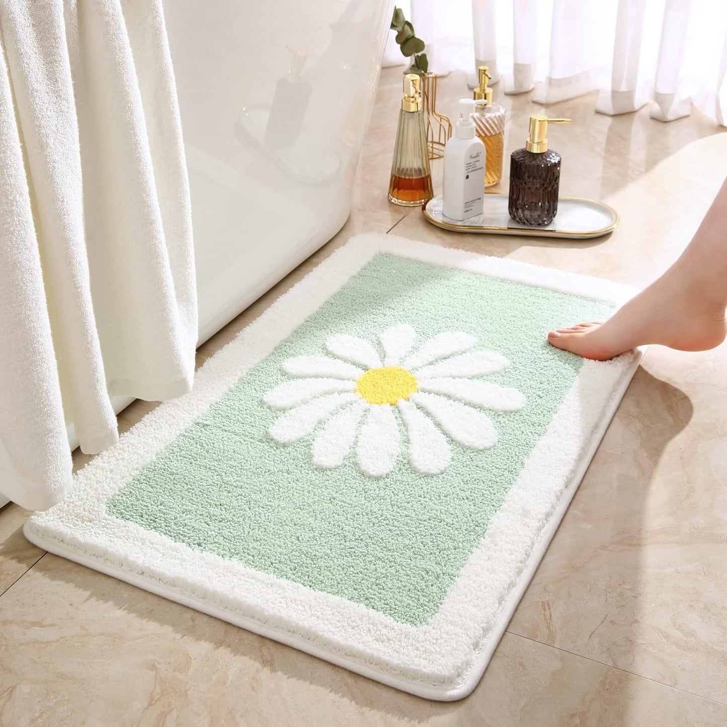 Bathroom Rugs Mat, White Flower Bath Rugs Fluffy Soft Superfine Fiber Rugs Non Slip Bath Mat Machine Wash Plush Mats, Bathroom Rug for Bathroom Shower Room (16"×24", Light Blue)