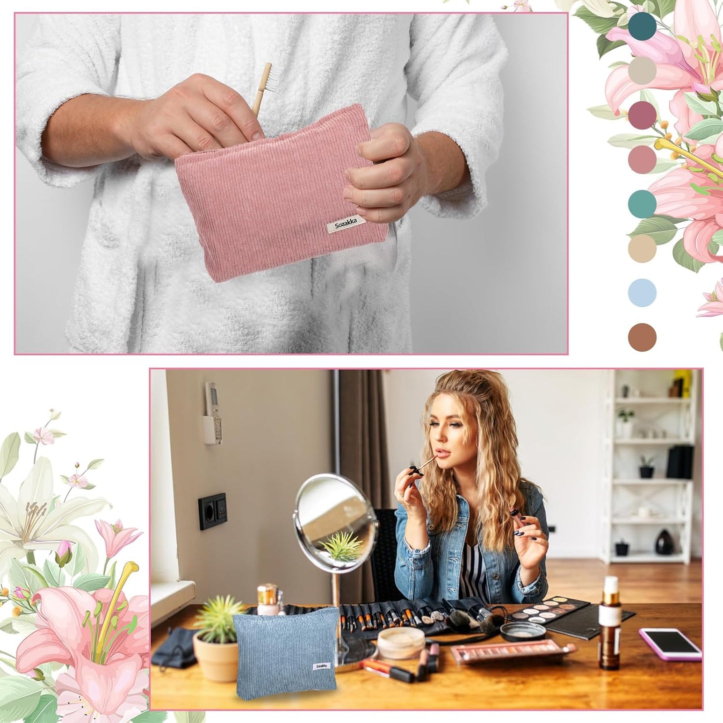 8 Pcs Corduroy Makeup Bags 10 x 7 Inches Cosmetic Bag Large Velvet Travel Aesthetic Pouch Travel Makeup Organizer Toiletry Bag for Purse Accessories Cosmetics Pouch for Women, 8 Colors