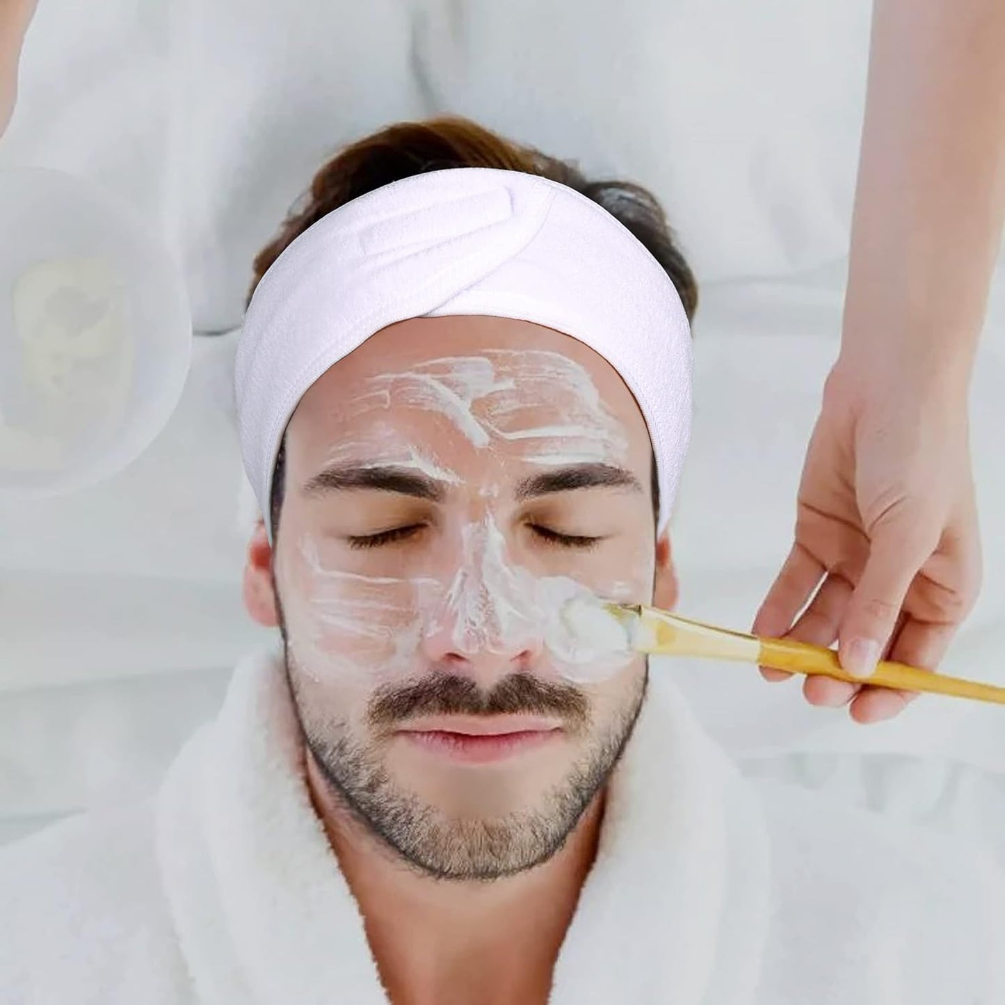 Facial Spa Headbands 4 PCS, Makeup Shower Bath Wrap Sport Headband Terry Cloth Stretch Towel with Magic Tape (White)