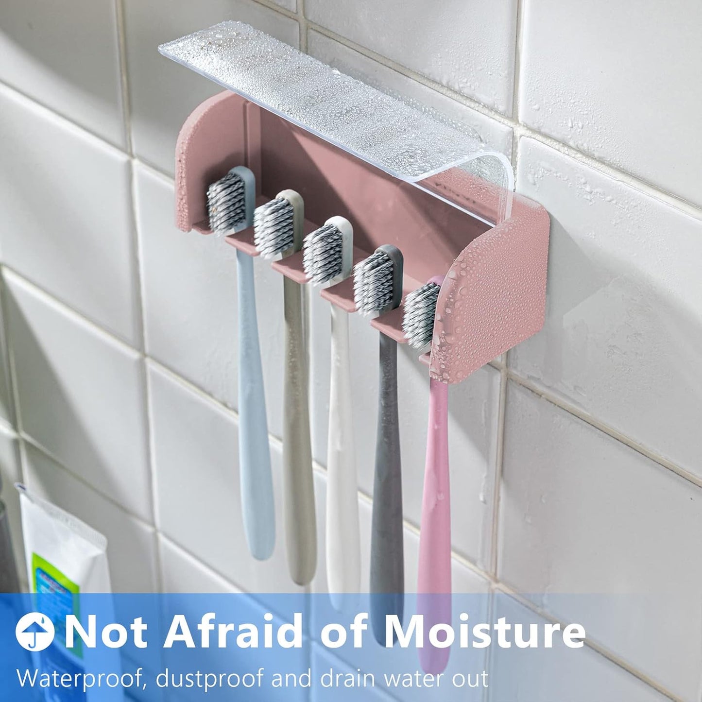 5 Slots Toothbrush Holder Wall Mount with Cover, Self Adhesive Toothbrushes Storage Organizer Perfect for Dorm Bathrooms and Shower, Holds 5 Toothbrushes. (Pink)