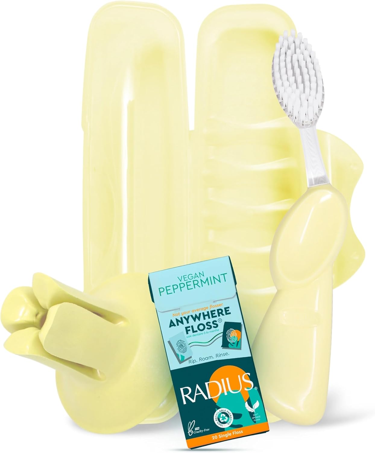 RADIUS Vacation Pastel Bundle, Includes Left Handed Big Brush, Toothbrush Travel Case, DOC Toothbrush Holder, Anywhere Travel Floss Packette, Lemon Meringue Yellow, 4 Piece Bundle