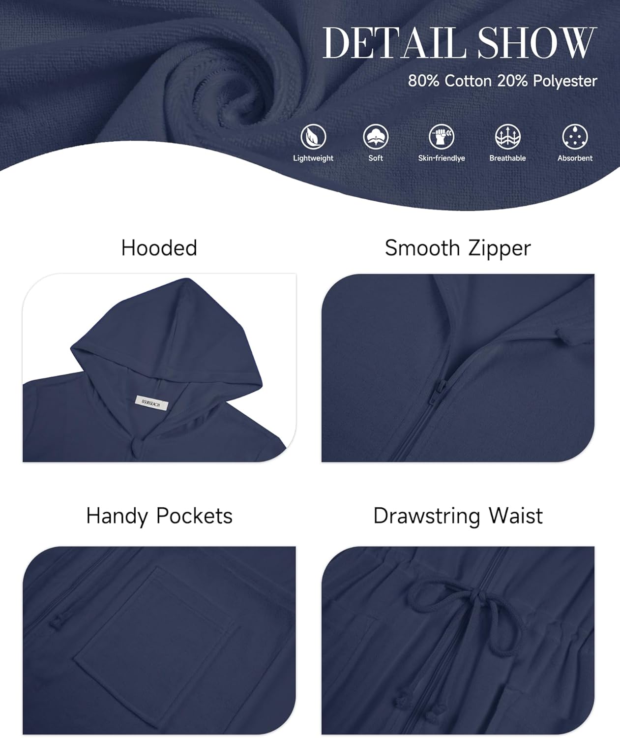 Bsubseach Terry Cloth Cover Up - Women Zip Up Long Sleeve Swimsuit Coverup Hooded Bath Robes with Pockets