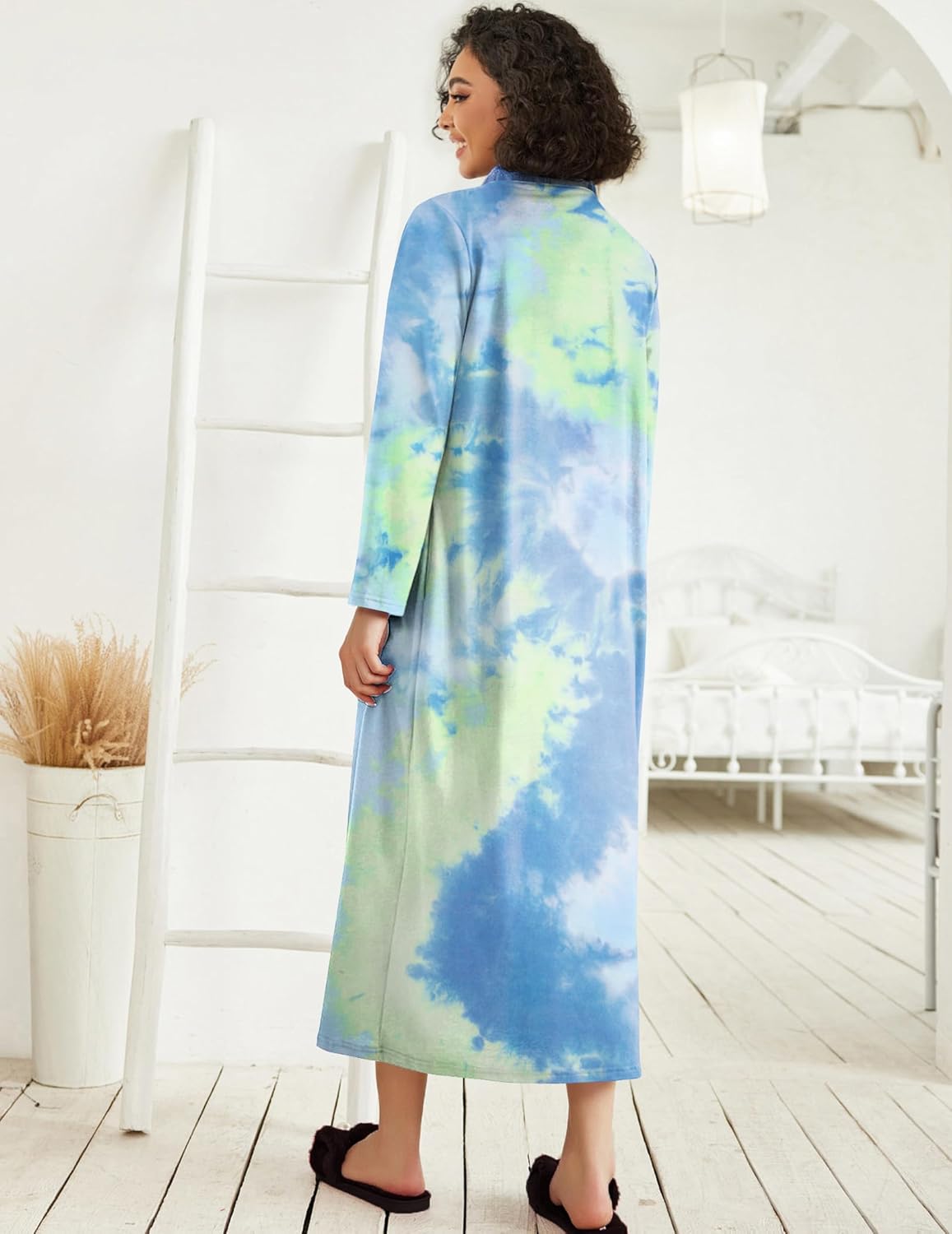 Ekouaer Women Zipper Robe Long Sleeve Loungewear Lightweight Housecoat Full Length Nightgown with Pockets