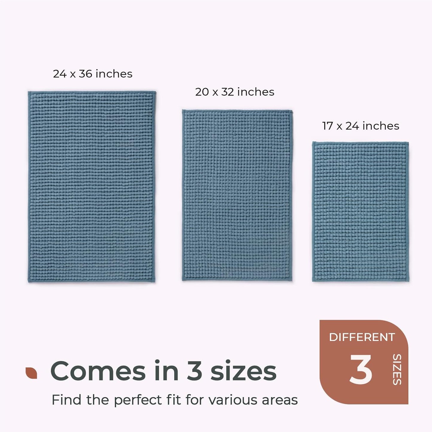 FRESHMINT Thick Chunky Chenille Bathroom Rugs 24"x36", Non Slip Bath Mat for Bathroom Floor, Large Soft Bathroom Decor Accessories, Cute Shower Mat Water Absorbent, Washable, Stone Blue