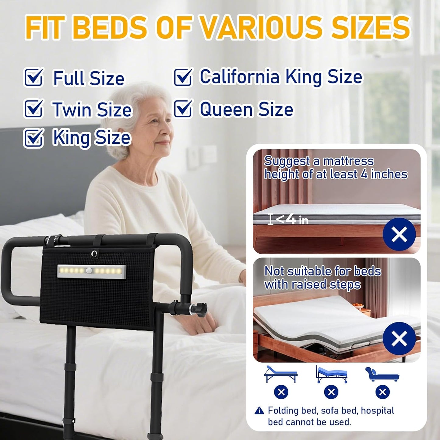 Foldable Bed Rails for Elderly Adults - 300 lbs Weight Capacity, 5-Level Height & 3-Level Arm Adjustment, Portable Bed Assist Rail with Night Light & Storage Bag, No-Drill Installation