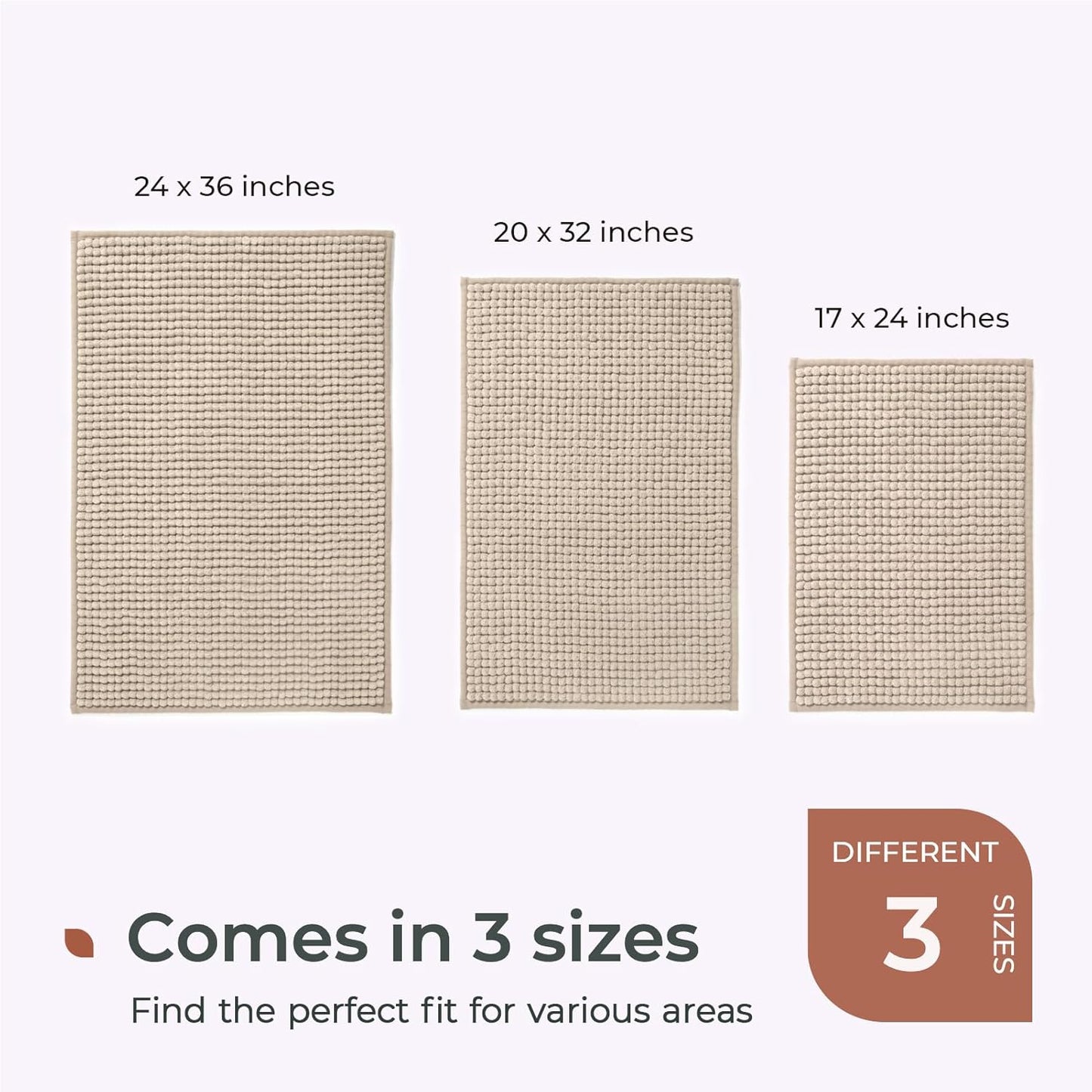 FRESHMINT Thick Chunky Chenille Bath Rugs 24"x36", Non Slip Bath Mat, Soft Bathroom Decor, Cute Shower Mat, Water Absorbent, Washable, Beige