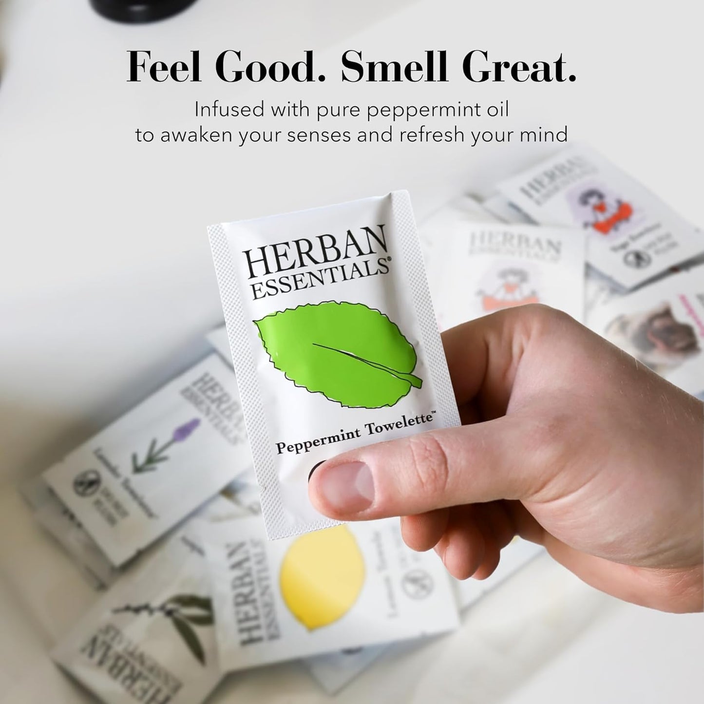 Herban Essentials - Peppermint Wipes & Towelettes - Essential Oil Wipes for Hands & Body - Travel Size Essentials and Toiletries - Natural, Individually Wrapped, Disposable & Moist Refresh (20 count)