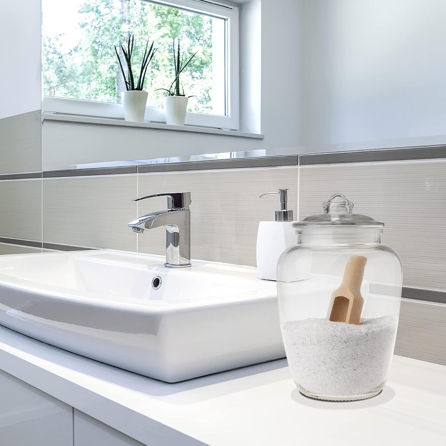 Glass Jar with Wooden Scoop for Bath Salt, Container With Airtight Lid Holds 74 oz of Bath Salt Epsom Salt, Laundry, Flour Multi Use