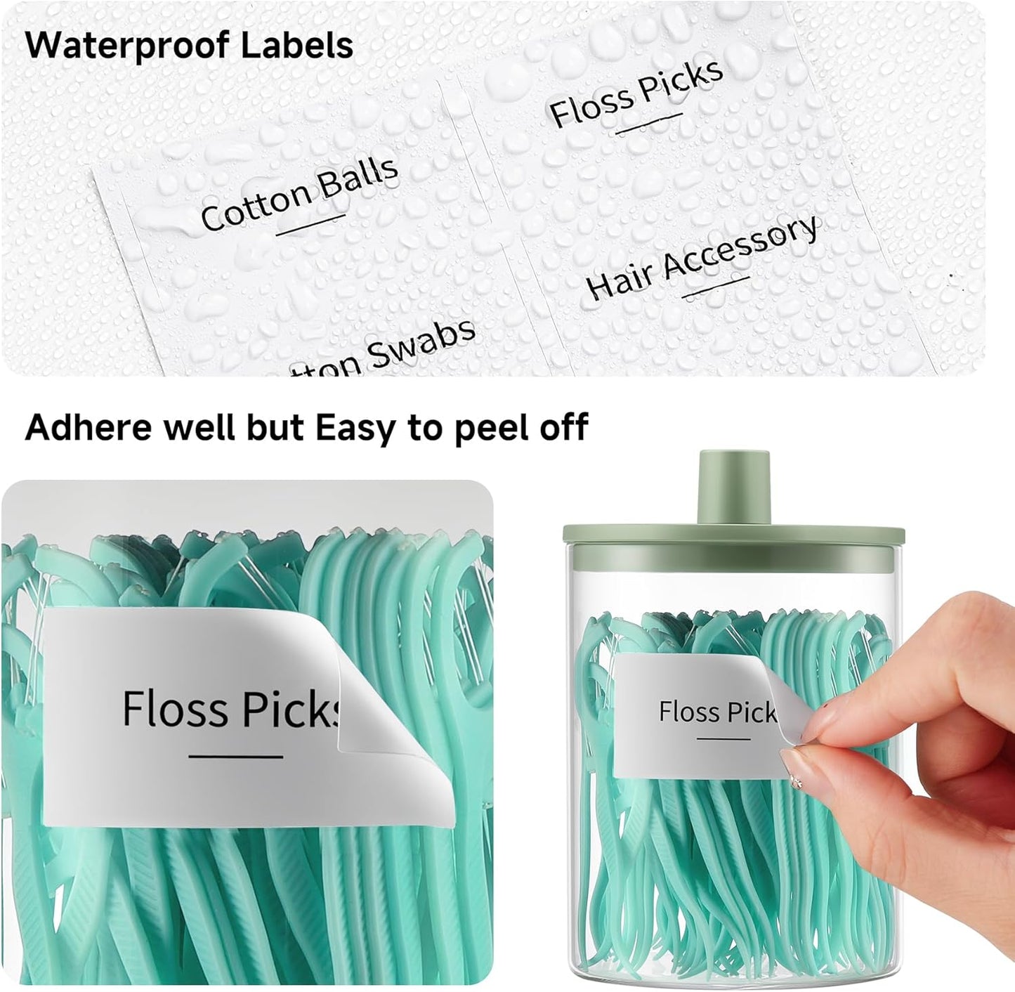 TIPGO Glass Qtip Holder Dispenser for Bathroom - 10 oz Clear Canister Apothecary Jar for Cotton Swabs, Balls, Pads, Floss Picks, Small Containers for Makeup Storage Organizer (2 Pack, Green)