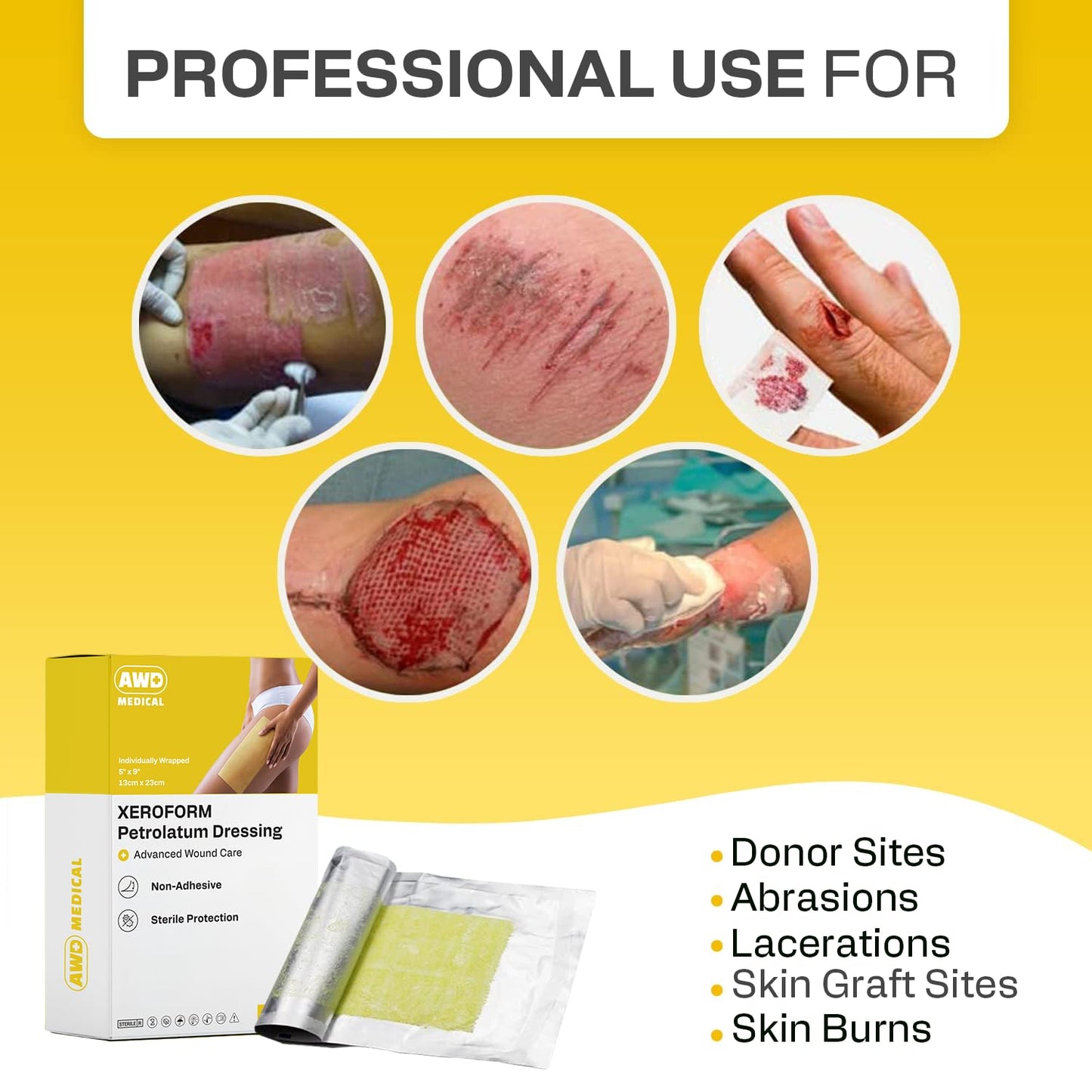 AWD Medical Xeroform Petrolatum Dressing 5x9 - Non-Adhering Gauze Pads - Fine Mesh Gauze Patch Sterile - Healthcare Supplies for Wound Care, Burns, Lacerations, & Skin Grafts Aide (Box of 25, 5"x9")