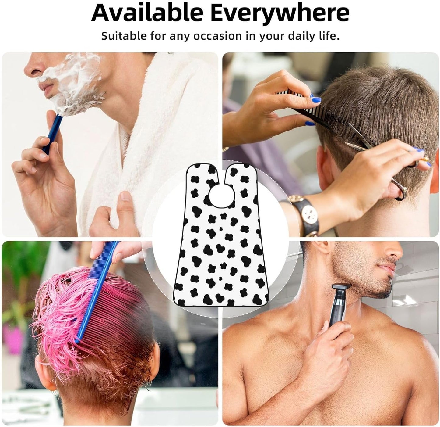 Strong Suction Cup Beard Grooming Bib, Non-Stick Hair Catcher, Waterproof, for Shaving, Black and White Animal Cow Print