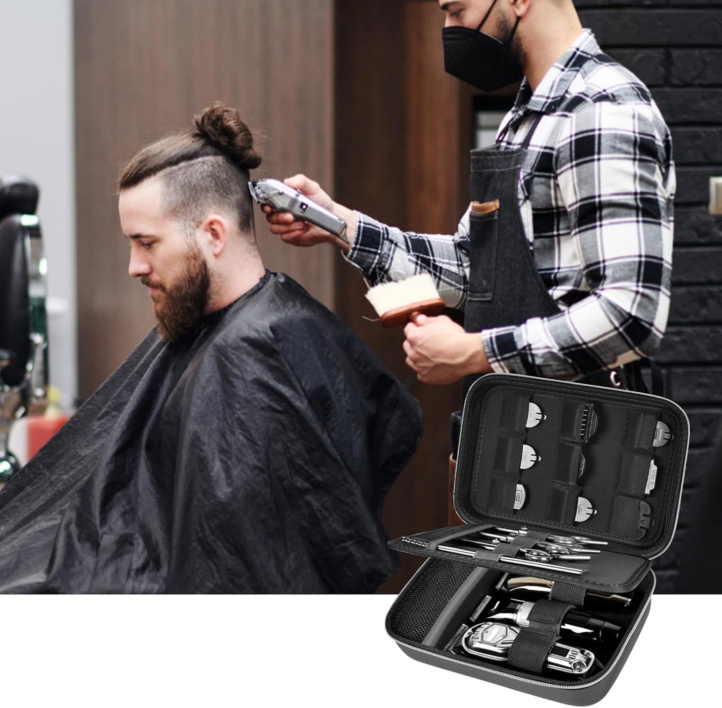 Boobowl Barber Accessories Bag for Clippers and Supplies, Mens Hair Trimmers Box, Portable Storage Organizer for Hair Cutting, Guard Grooming Kit and Barbers Supplies (Bag Only) (Black+Silver Zipper)