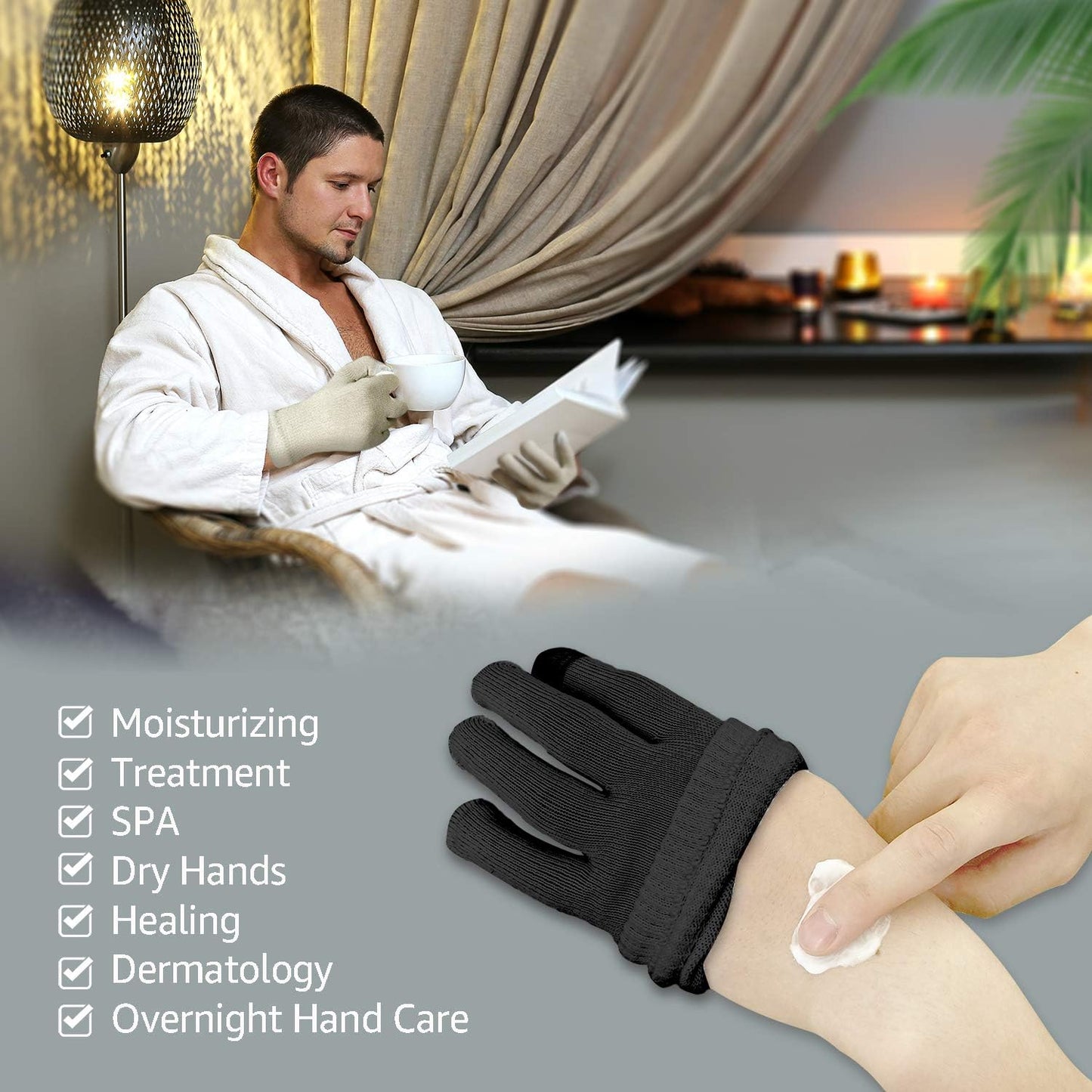 Evridwear Men Moisturizing Cotton Gloves with Touchscreen Fingertips for Eczema Beauty Cosmetic Dry Hands Sensitive Irritated Skin Therapy Overnight Bedtime, 6 Pairs, Lightweight-Black, XS
