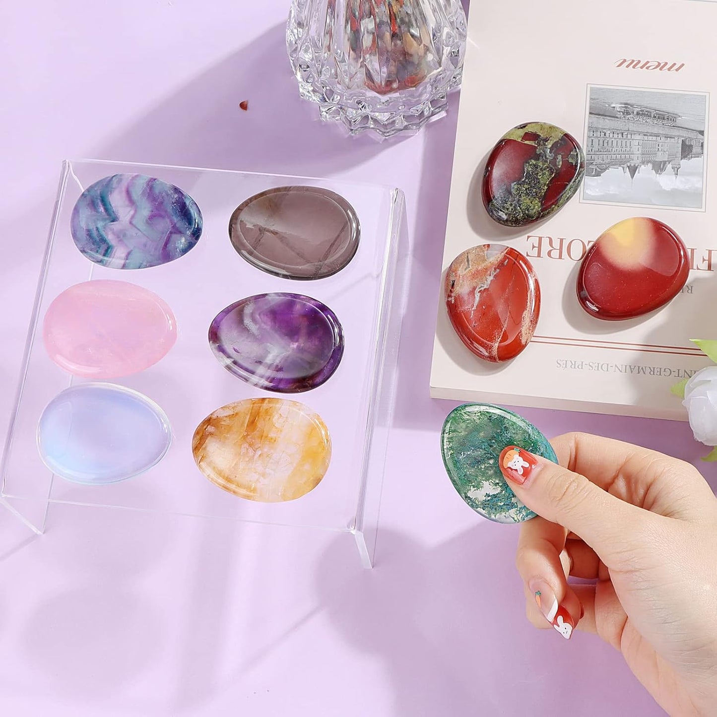 Artistone Moss Agate Crystal Chakra Thumb Worry Stone Teardrop Reiki Healing Stone Pocket Palm Stones for Anxiety Stress Relief Meditation Therapy Geometry Home Decor