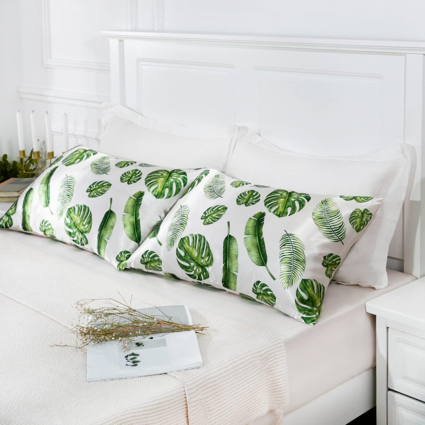 MR&HM Satin Pillowcase for Hair and Skin, Silk Satin Pillowcase 2 Pack, Queen Size Pillow Cases Set of 2, Silky Pillow Cover with Envelope Closure (20x30, Leaves)