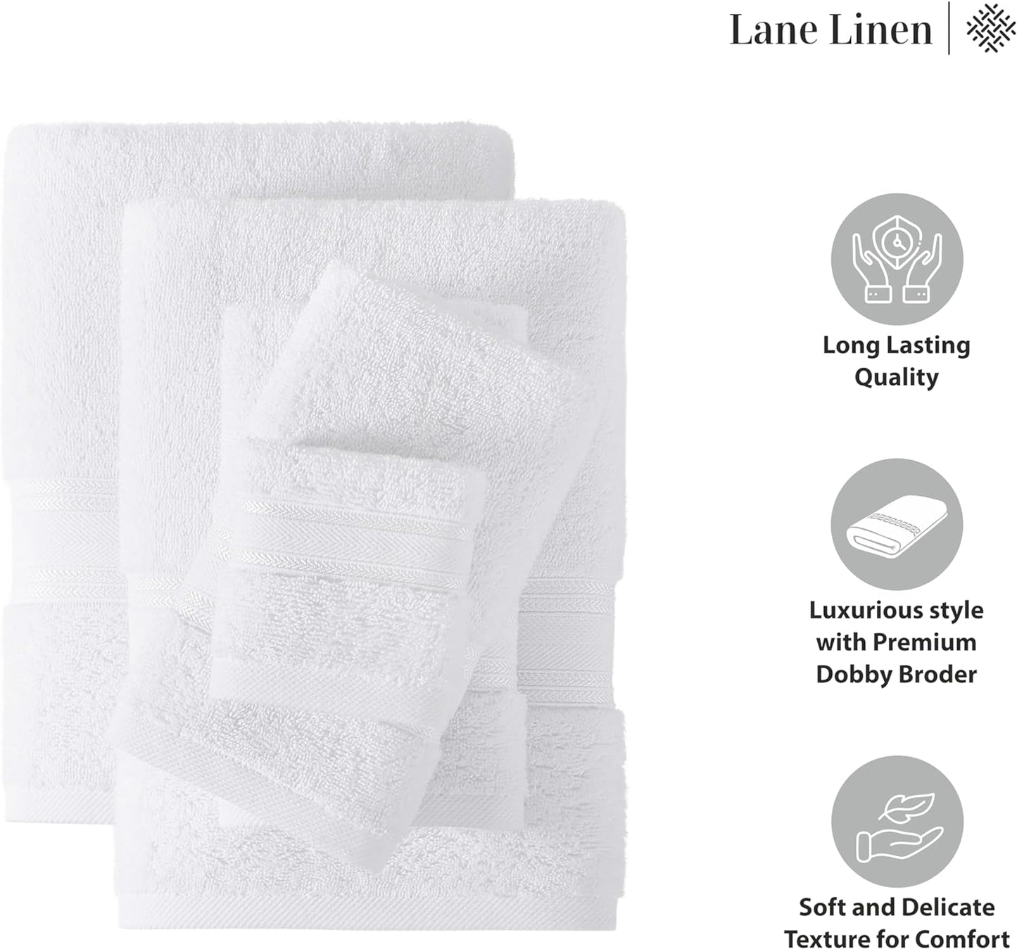LANE LINEN Luxury Bath Towels Set - 12 Piece, 100% Cotton, Zero Twist, Super Soft & Absorbent, Includes 4 Bath Towels, 4 Hand Towels, 4 Washcloths - White