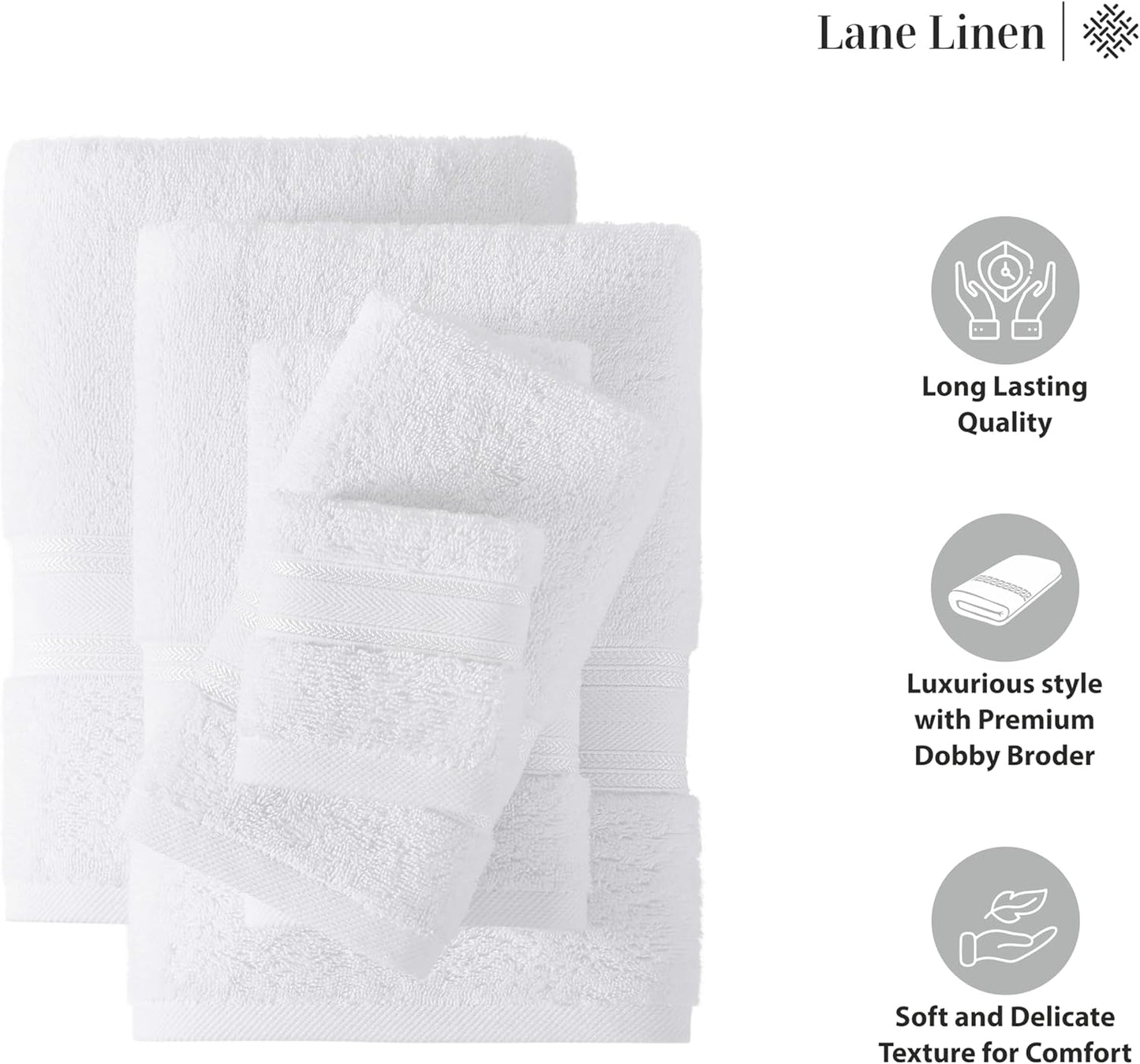 LANE LINEN 100% Mercerized Cotton Luxury Bathroom Towel Set - 18 Pcs - Super Soft, Fluffy & Highly Absorbent - 6 Bath Towels, 6 Washcloths, 6 Hand Towels - Complete Family Pack - White Bath Towel Set