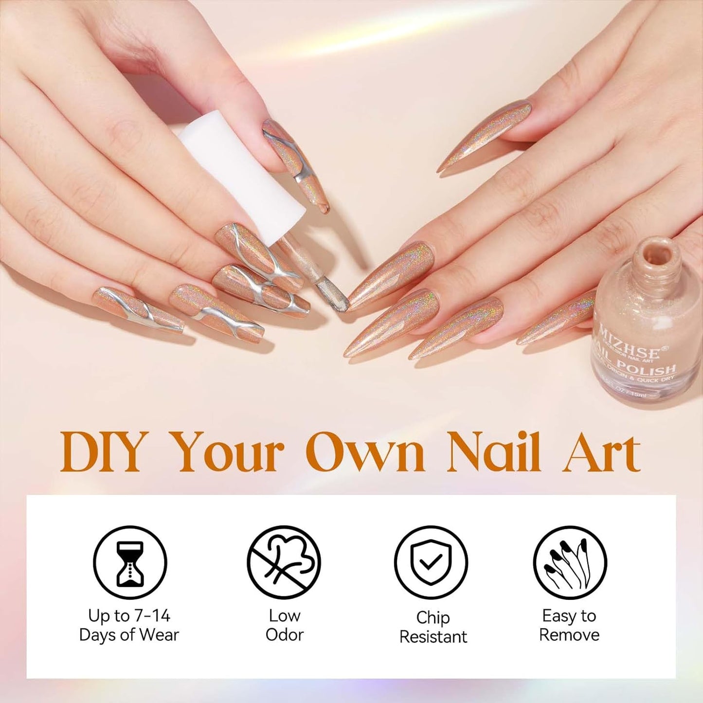 MIZHSE Holographic Nail Polish, Light Brown Shimmery Nail Polish Non Gel, Air Dry Fast Glossy Shiny Nail Pigment Oil-based Laser Iridescent Chrome Nail Art Salon Manicure Home