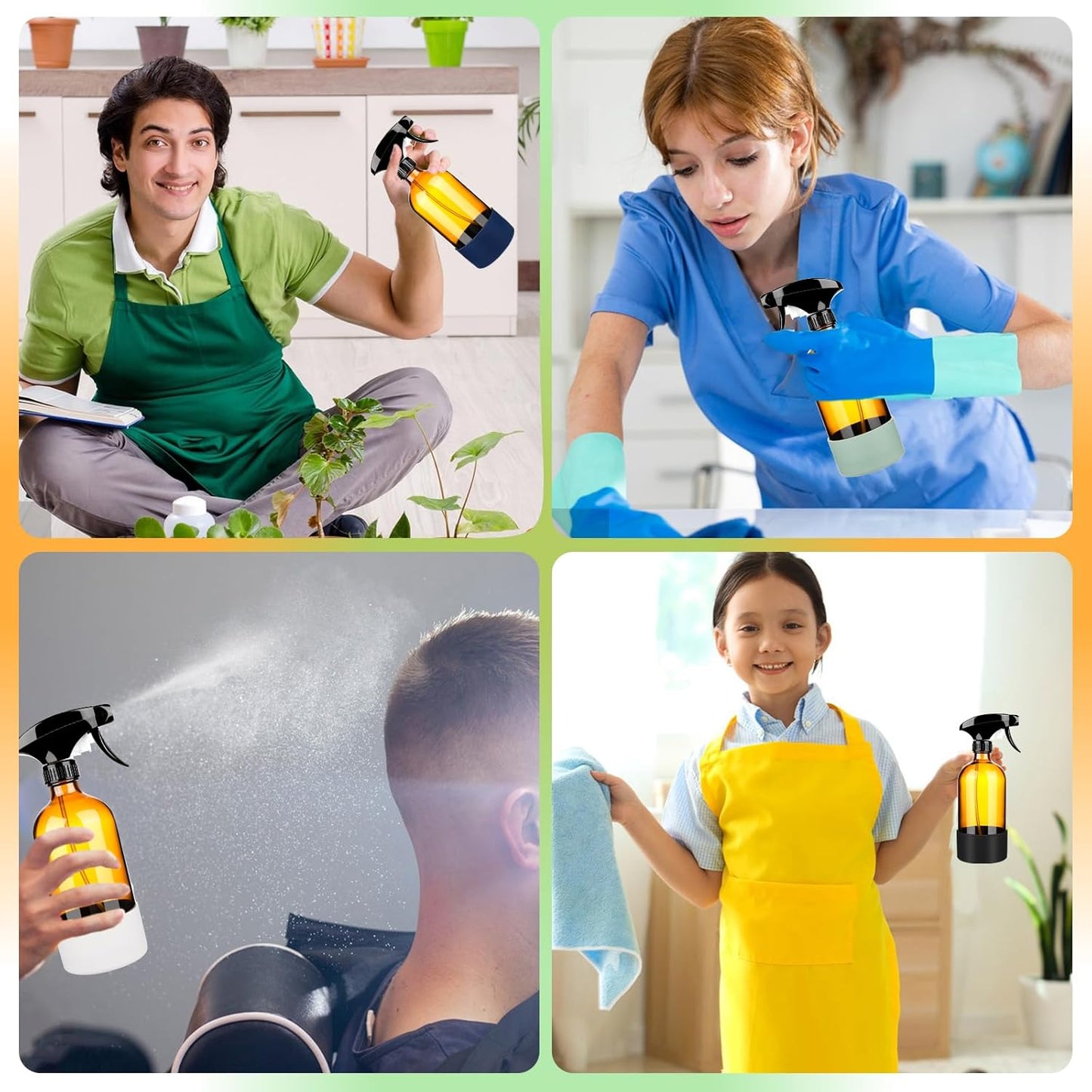 2 Pack/16 Oz Glass Spray Bottles, Refillable Empty Containers with Silicone Sleeve, Upgraded Adjustable Nozzle Spray Bottle Sets for Cleaning, Essential Oils, Hair (Amber)