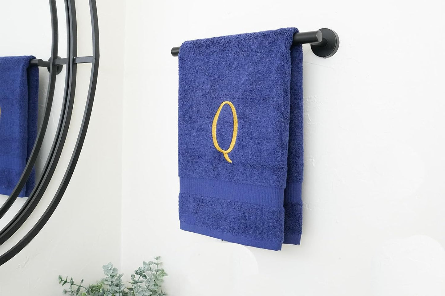 Navy Powder Room Hand Towel - Monogram Initial Hotel Quality Decorative Embroidered Luxury Towel for Spa - GOTS Organic Certified - Set of 2 Gold Letter Q