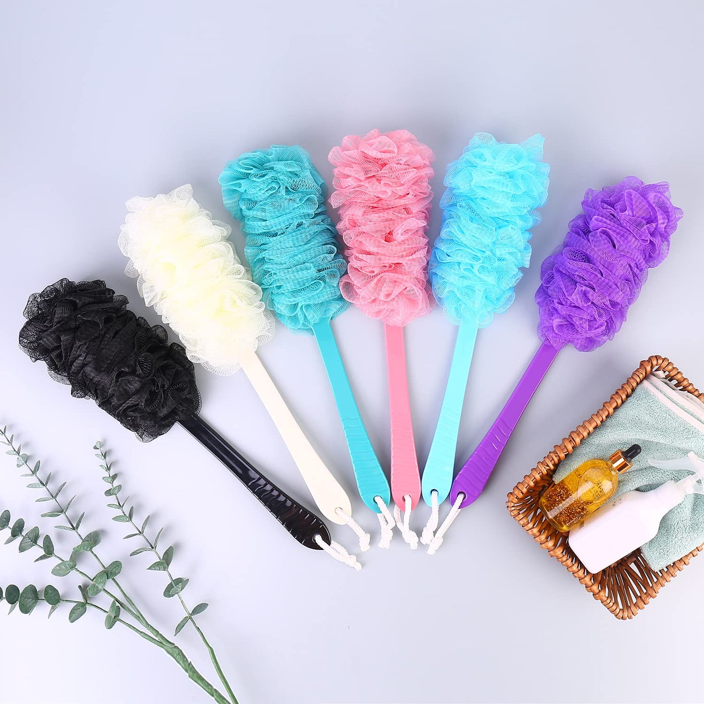 Back Scrubber Brush Long Handle for Shower, Loofah On a Stick Sponge Back Brush, Body Exfoliator Scrubber Bath Brush for Men Women, Exfoliating Cleaning Back Scrubber for Elderly (2 Pack-Black+Purple)
