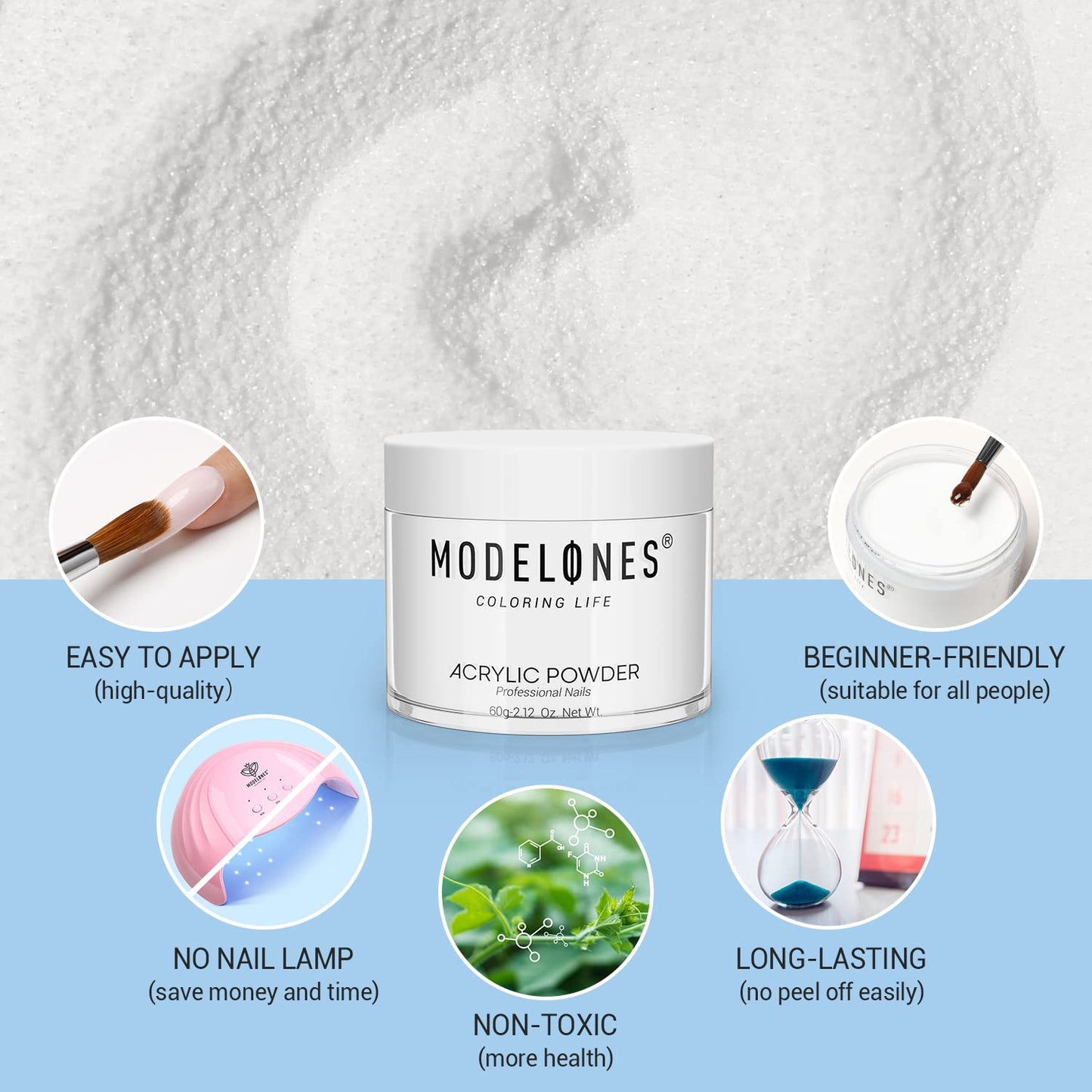 Modelones Acrylic Powder, 2.12oz Transparent Professional Acrylic Nail Powder for Nails Extensiosn French Naisl Art 3D Flowers, Carving, Beginner-Friendly