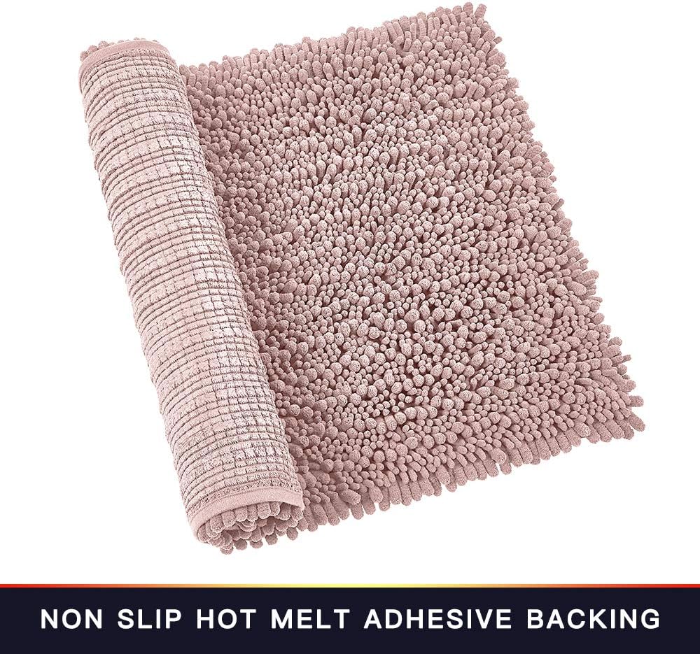 Walensee Bathroom Rug 2 Pieces Set Non Slip Bath Mat (17x24 Plus 20x32 Inch Dusty Pink) Water Absorbent Super Soft Shaggy Chenille Machine Washable Dry Extra Thick Perfect Carpet for Shower Floor