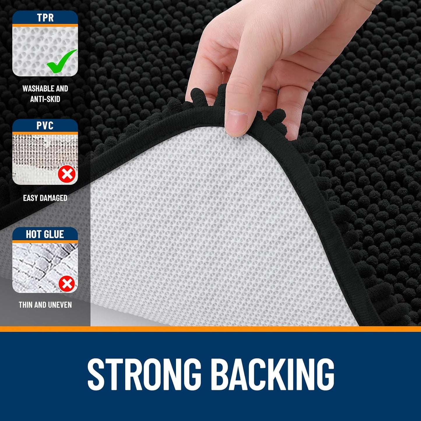 OLANLY Bathroom Rugs 70x46, Extra Soft Absorbent Chenille Bath Rugs, Rubber Backing Quick Dry, Machine Washable Bath Mats for Bathroom Floor, Tub and Shower, Home Decor Accessories, Black